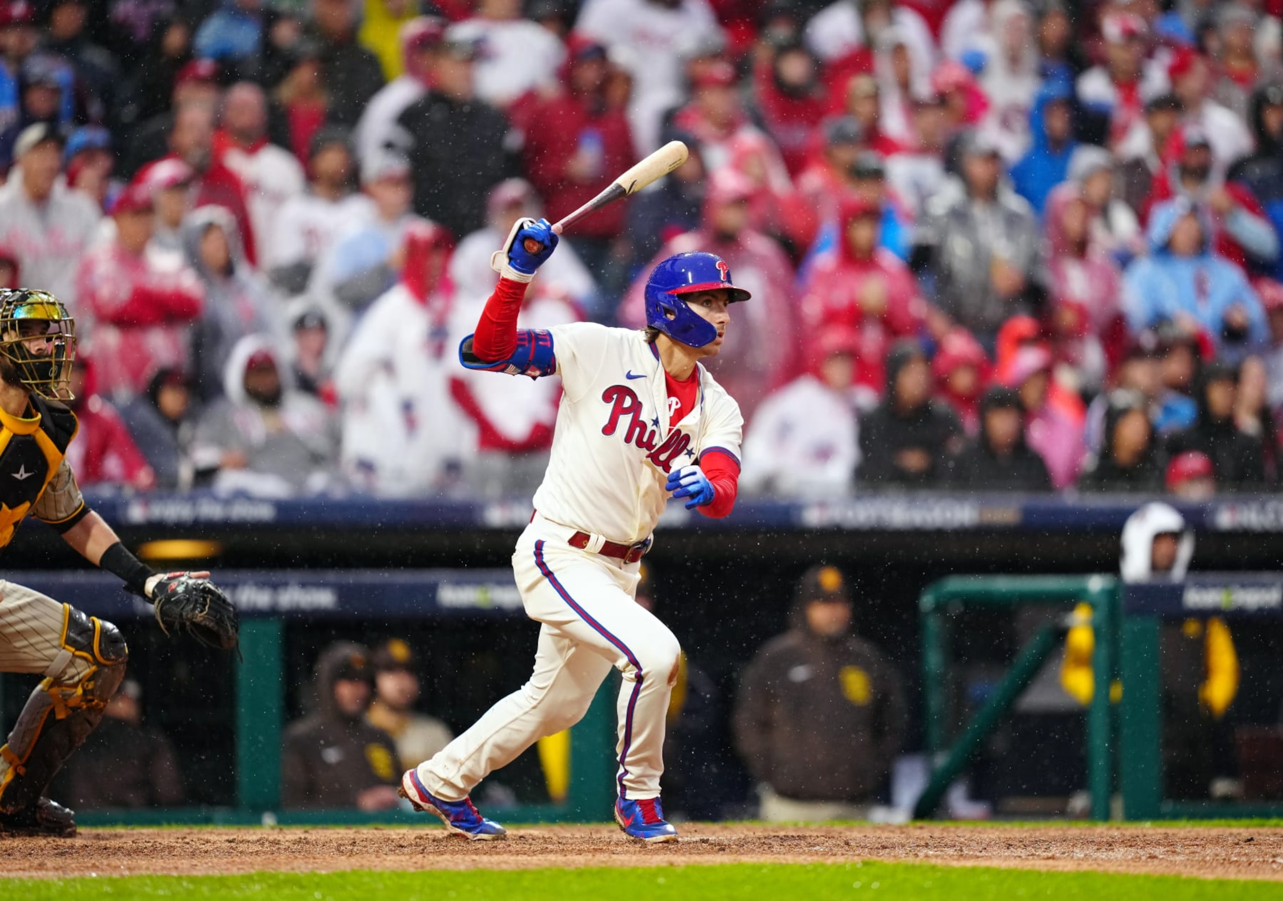 PHILADELPHIA, PA - OCTOBER 23: Bryson Stott #5 of the Philadelphia Phillies doubles in the seventh inning of Game 5 of the NLCS between the San Diego Padres and the Philadelphia Phillies at Citizens Bank Park on Sunday, October 23, 2022 in Philadelphia, Pennsylvania. (Photo by Daniel Shirey/MLB Photos via Getty Images)