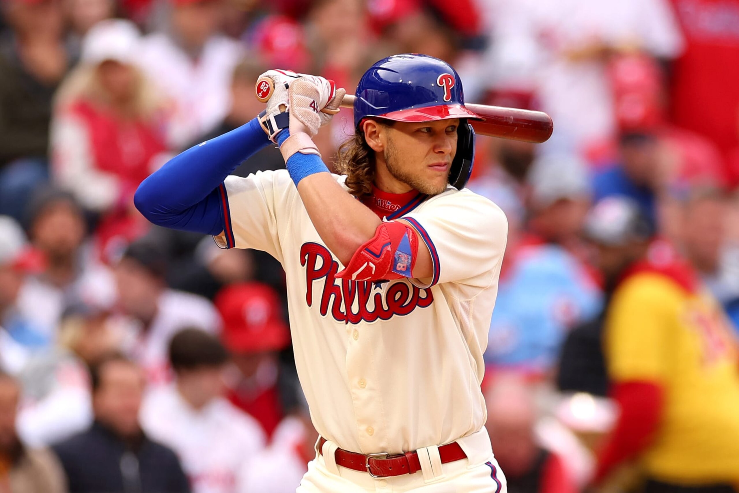 PHILADELPHIA, PENNSYLVANIA - OCTOBER 23: Alec Bohm #28 of the Philadelphia Phillies waits for a pitch during the second inning against the San Diego Padres in game five of the National League Championship Series at Citizens Bank Park on October 23, 2022 in Philadelphia, Pennsylvania. (Photo by Mike Ehrmann/Getty Images)