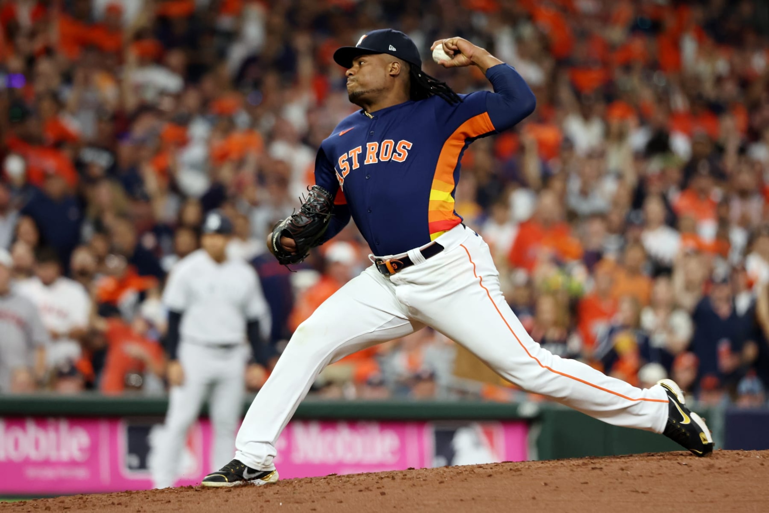 HOUSTON, TX - OCTOBER 20:  Framber Valdez #59 of the Houston Astros pitches during Game 2 of the ALCS between the New York Yankees and the Houston Astros at Minute Maid Park on Thursday, October 20, 2022 in Houston, Texas. (Photo by Mary DeCicco/MLB Photos via Getty Images)