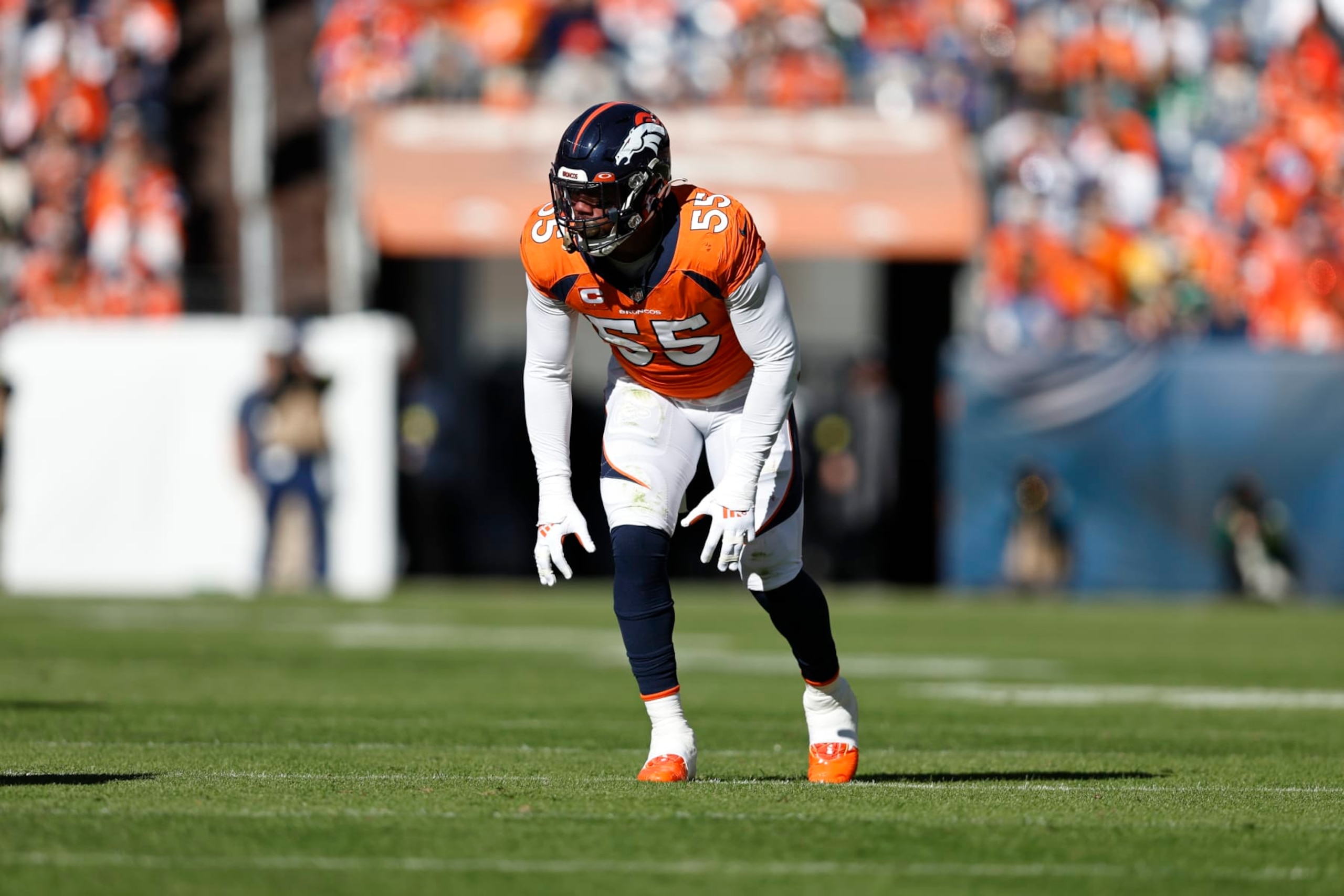 DENVER, COLORADO - OCTOBER 23: Bradley Chubb #55 of the Denver Broncos defends during an NFL football game between the Denver Broncos and the New York Jets at Empower Field At Mile High on October 23, 2022 in Denver, Colorado. (Photo by Michael Owens/Getty Images)