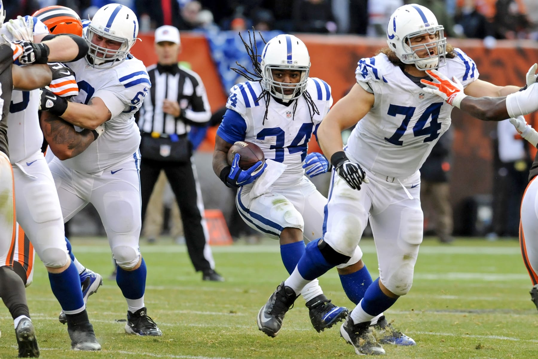 CLEVELAND, OH - DECEMBER 7, 2014: Running back Trent Richardson #34 of the Indianapolis Colts carries the ball in the third quarter of a game against the Cleveland Browns at FirstEnergy Stadium on December 7, 2014 in Cleveland, Ohio. Indianapolis won 25-24. (Photo by: 2014 Nick Cammett/Diamond Images via Getty Images)