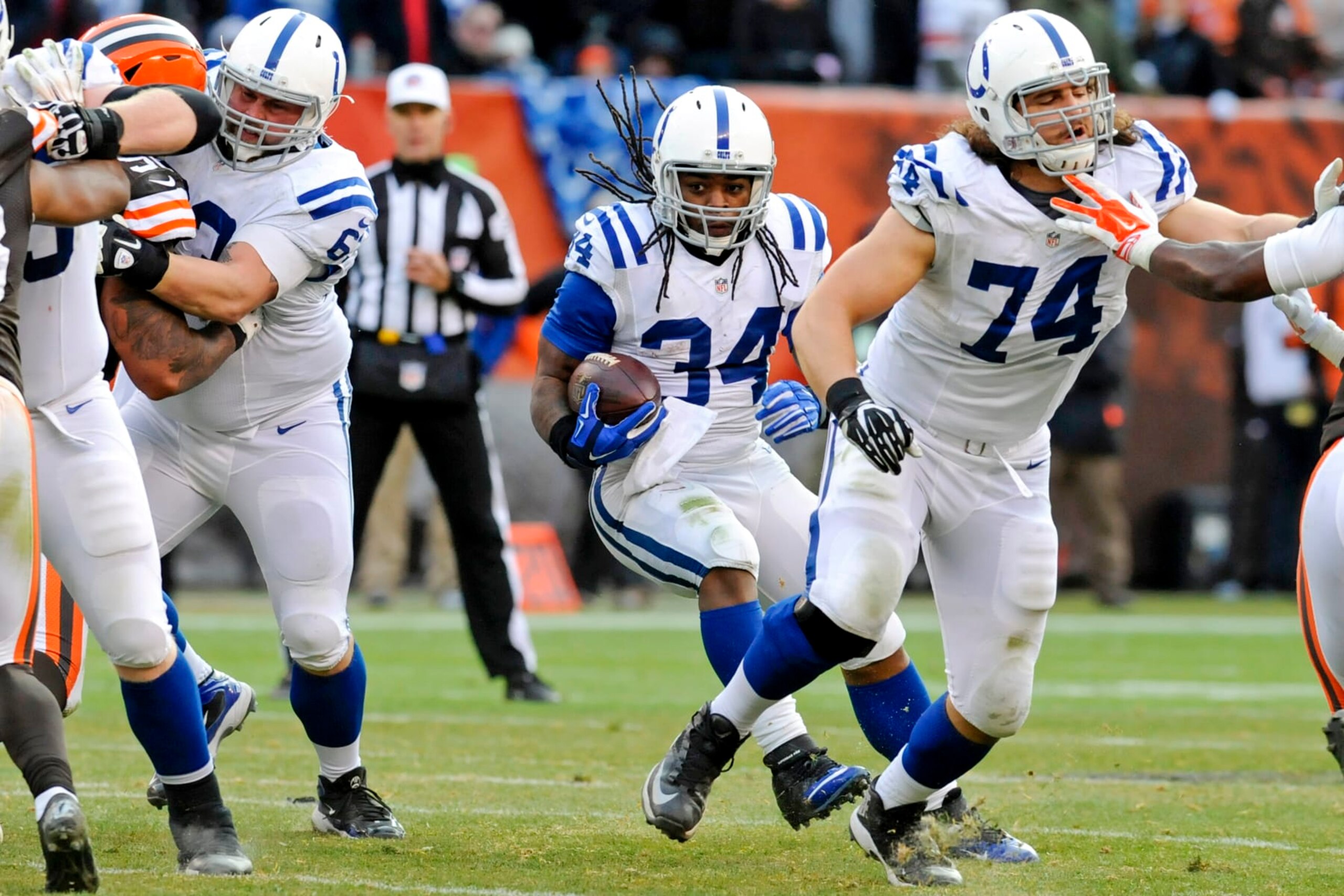 CLEVELAND, OH - DECEMBER 7, 2014: Running back Trent Richardson #34 of the Indianapolis Colts carries the ball in the third quarter of a game against the Cleveland Browns at FirstEnergy Stadium on December 7, 2014 in Cleveland, Ohio. Indianapolis won 25-24. (Photo by: 2014 Nick Cammett/Diamond Images via Getty Images)
