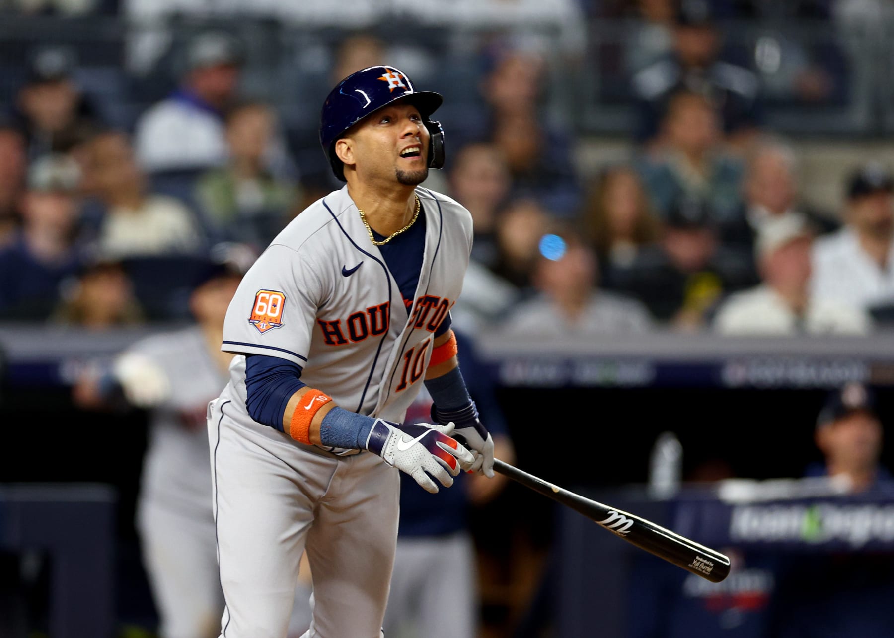 NEW YORK, NEW YORK - OCTOBER 22: Yuli Gurriel #10 of the Houston Astros hits a single against the New York Yankees during the sixth inning in game three of the American League Championship Series at Yankee Stadium on October 22, 2022 in New York City. (Photo by Elsa/Getty Images)