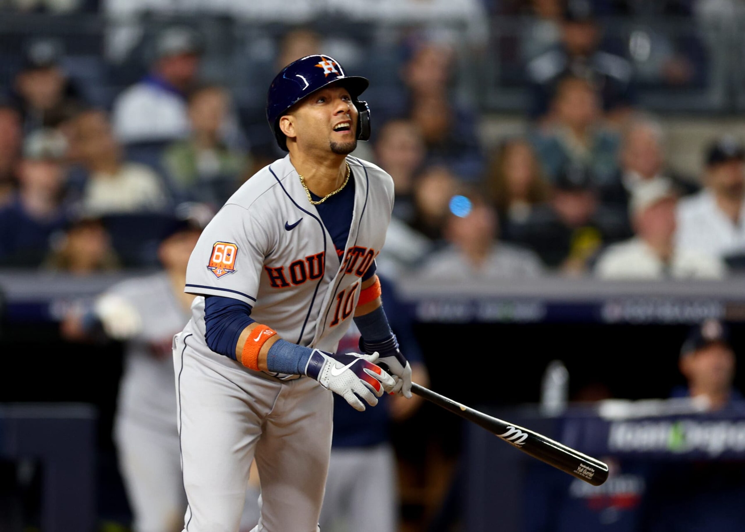 NEW YORK, NEW YORK - OCTOBER 22: Yuli Gurriel #10 of the Houston Astros hits a single against the New York Yankees during the sixth inning in game three of the American League Championship Series at Yankee Stadium on October 22, 2022 in New York City. (Photo by Elsa/Getty Images)