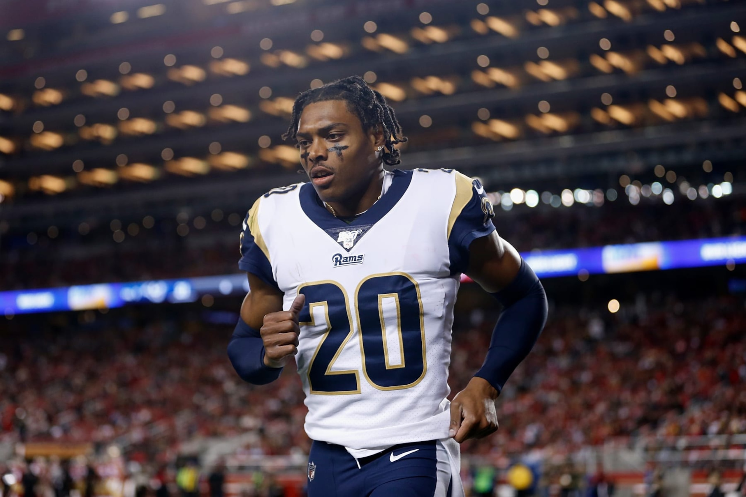 SANTA CLARA, CALIFORNIA - DECEMBER 21: Jalen Ramsey #20 of the Los Angeles Rams runs to the side line in the second quarter against the San Francisco 49ers at Levi's Stadium on December 21, 2019 in Santa Clara, California. (Photo by Lachlan Cunningham/Getty Images)