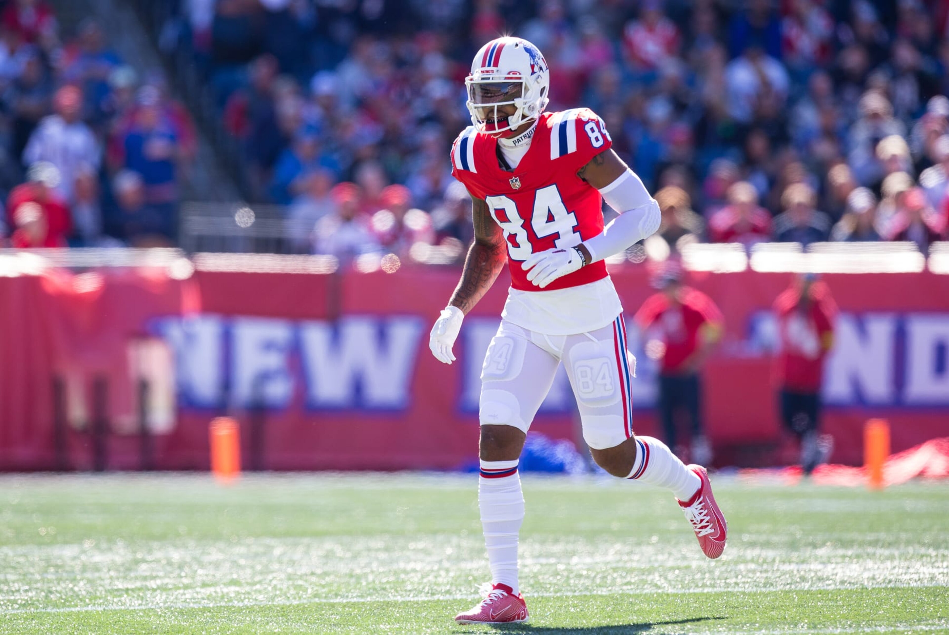 FOXBOROUGH, MA - OCTOBER 09: New England Patriots wide receiver Kendrick Bourne (84) in action during a NFL game between Detroit Lions and New England Patriots on October 9, 2022, at Gillette Stadium in Foxborough, MA. (Photo by M. Anthony Nesmith/Icon Sportswire via Getty Images) FOXBOROUGH, MA - OCTOBER 09: New England Patriots wide receiver Kendrick Bourne (84) in action during a NFL game between Detroit Lions and New England Patriots on October 9, 2022, at Gillette Stadium in Foxborough, MA. (Photo by M. Anthony Nesmith/Icon Sportswire via Getty Images)