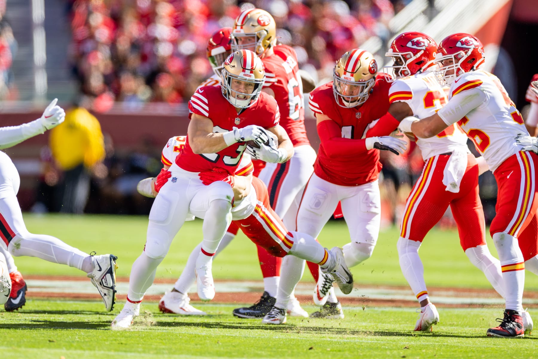 SANTA CLARA, CA - OCTOBER 23: San Francisco 49ers running back Christian McCaffrey (23) runs the ball during the NFL professional football game between the Kansas City Chiefs and San Francisco 49ers on October 23, 2022 at Levis Stadium in Santa Clara, CA. (Photo by Bob Kupbens/Icon Sportswire via Getty Images)