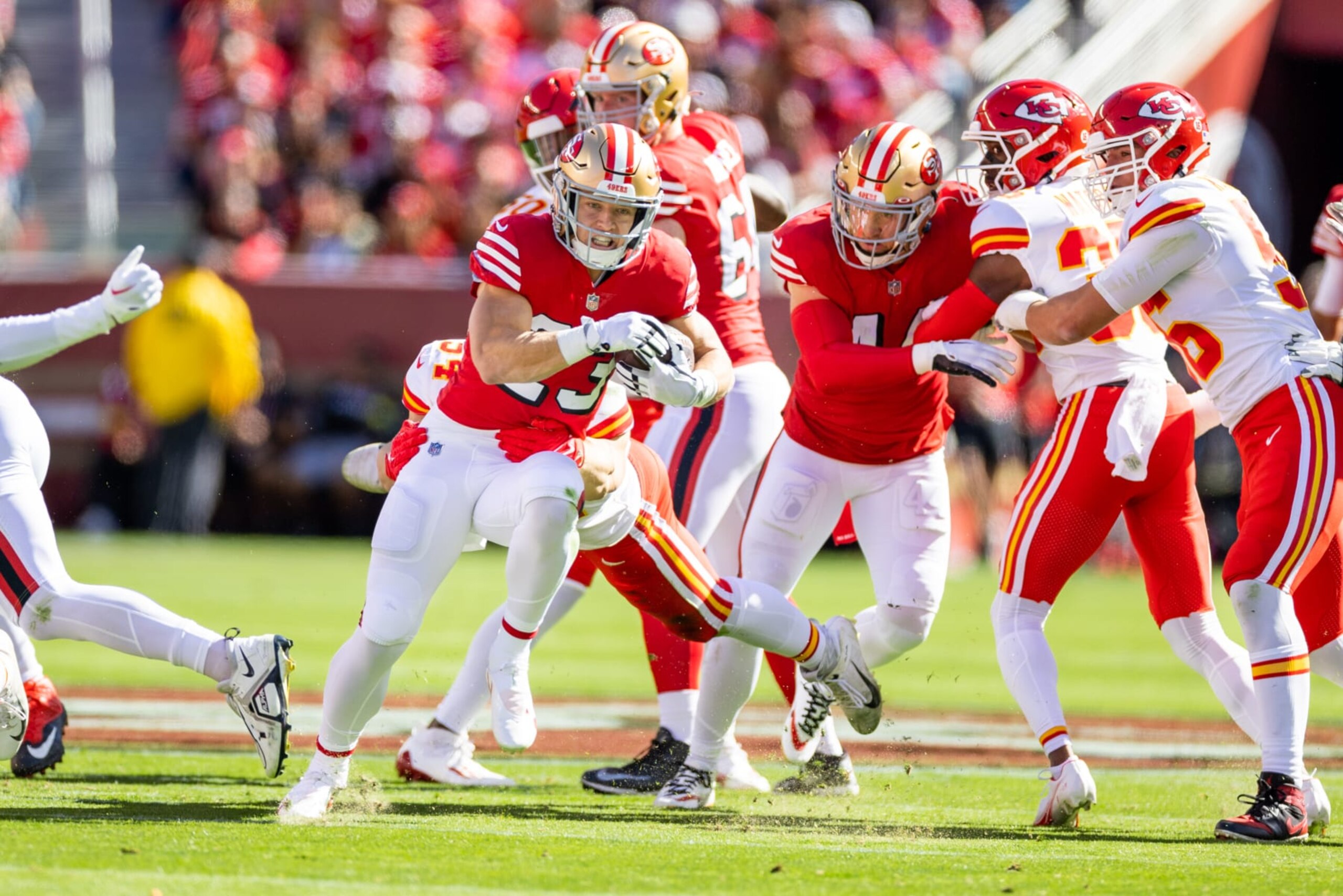 SANTA CLARA, CA - OCTOBER 23: San Francisco 49ers running back Christian McCaffrey (23) runs the ball during the NFL professional football game between the Kansas City Chiefs and San Francisco 49ers on October 23, 2022 at Levis Stadium in Santa Clara, CA. (Photo by Bob Kupbens/Icon Sportswire via Getty Images)