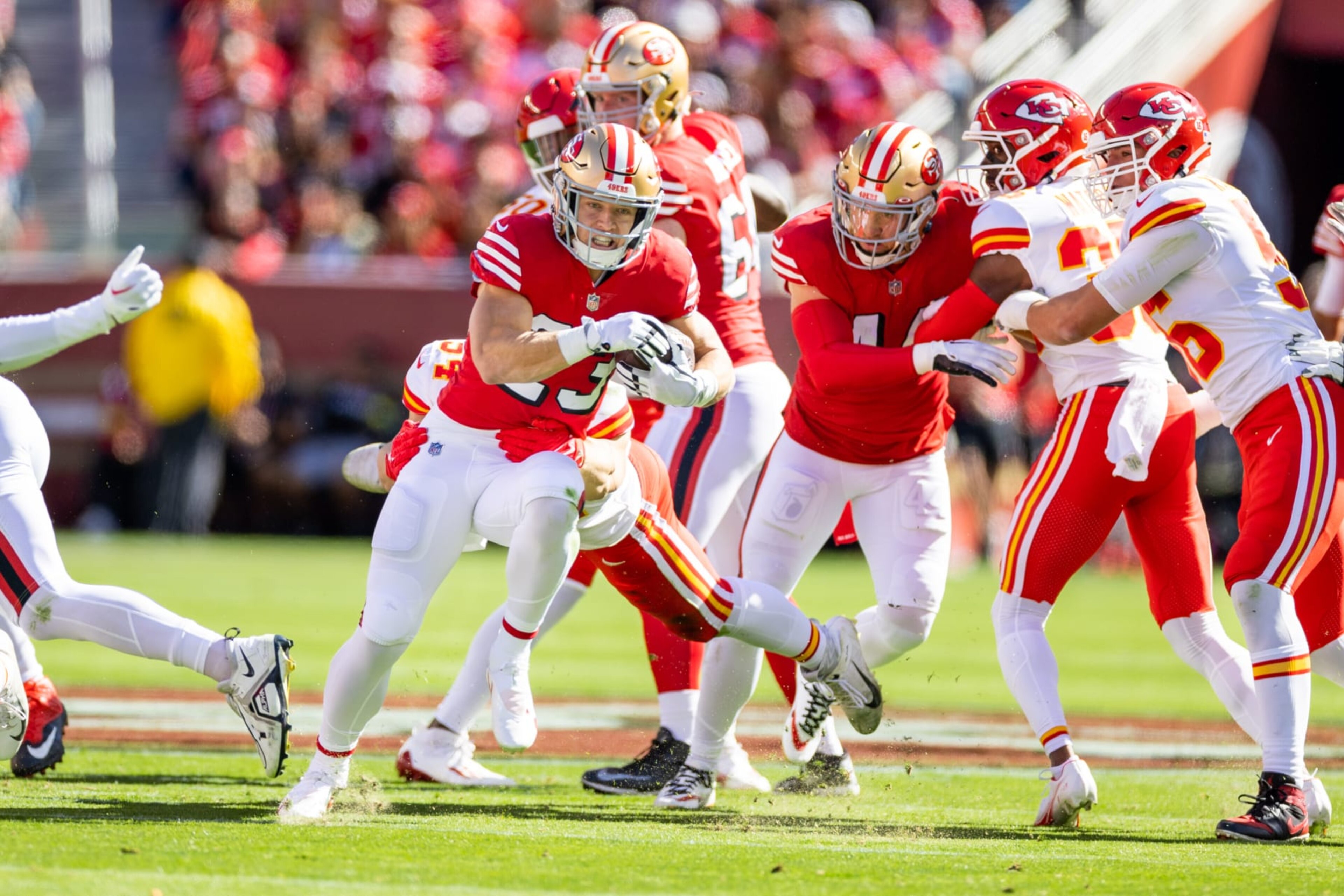 SANTA CLARA, CA - OCTOBER 23: San Francisco 49ers running back Christian McCaffrey (23) runs the ball during the NFL professional football game between the Kansas City Chiefs and San Francisco 49ers on October 23, 2022 at Levis Stadium in Santa Clara, CA. (Photo by Bob Kupbens/Icon Sportswire via Getty Images)