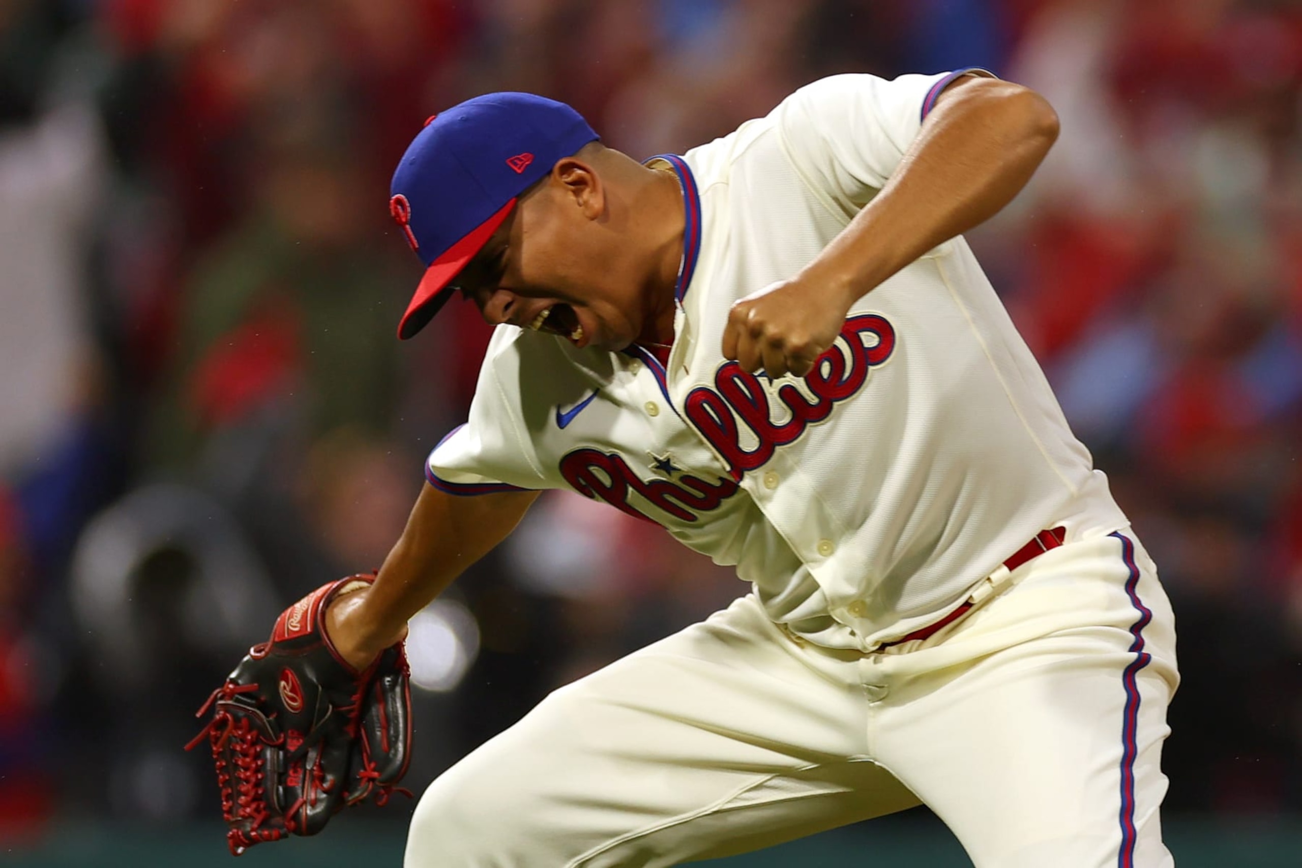 PHILADELPHIA, PENNSYLVANIA - OCTOBER 23: Ranger Suarez #55 of the Philadelphia Phillies celebrates after the Phillies defeated the San Diego Padres in game five to win the National League Championship Series at Citizens Bank Park on October 23, 2022 in Philadelphia, Pennsylvania. (Photo by Mike Ehrmann/Getty Images)