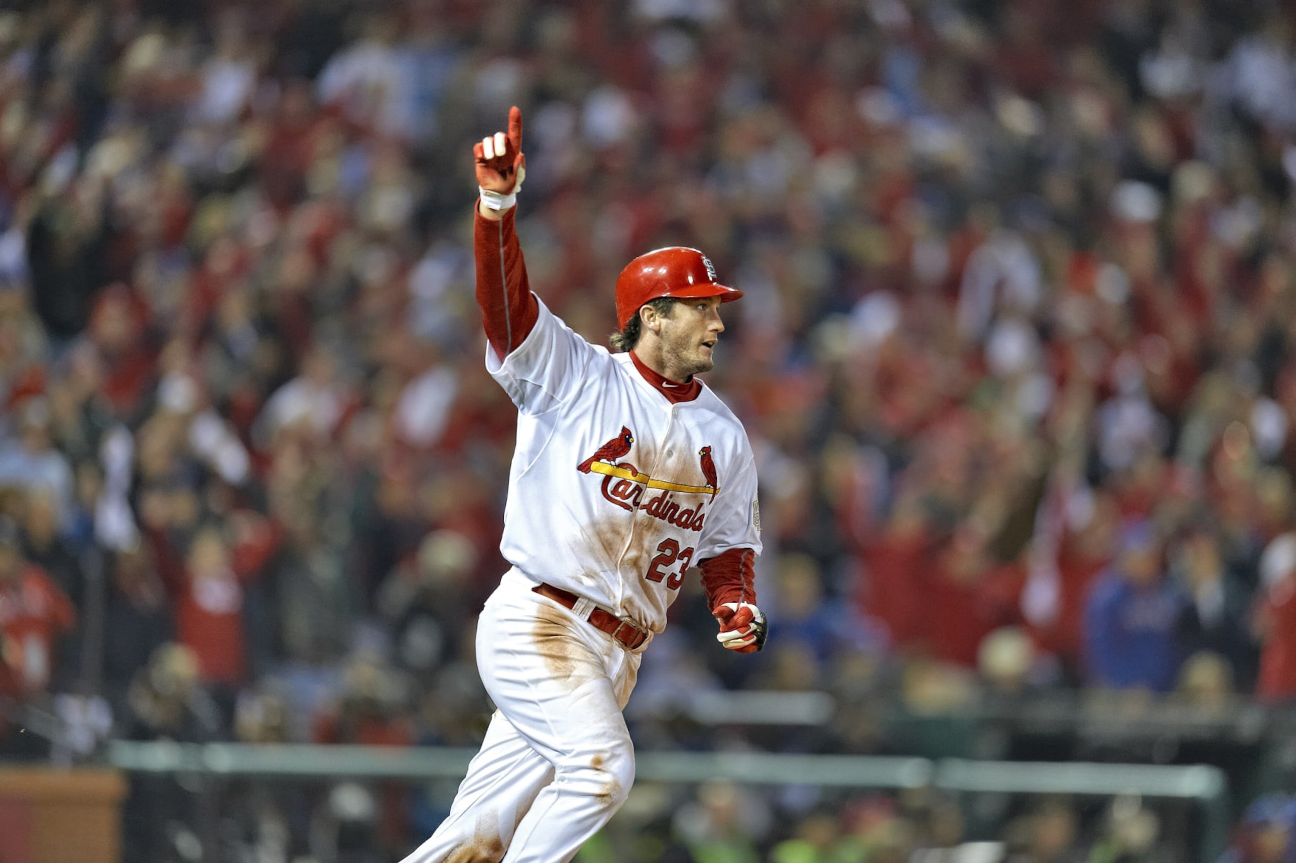 Baseball: World Series: St. Louis Cardinals David Freese (23) victorious after hitting game winning, walk off home run vs Texas Rangers during 11th inning at Busch Stadium. Game 6. 
St. Louis, MO 10/27/2011
CREDIT: John Biever (Photo by John Biever /Sports Illustrated via Getty Images)
(Set Number: X86552 TK3 R15 F27 )