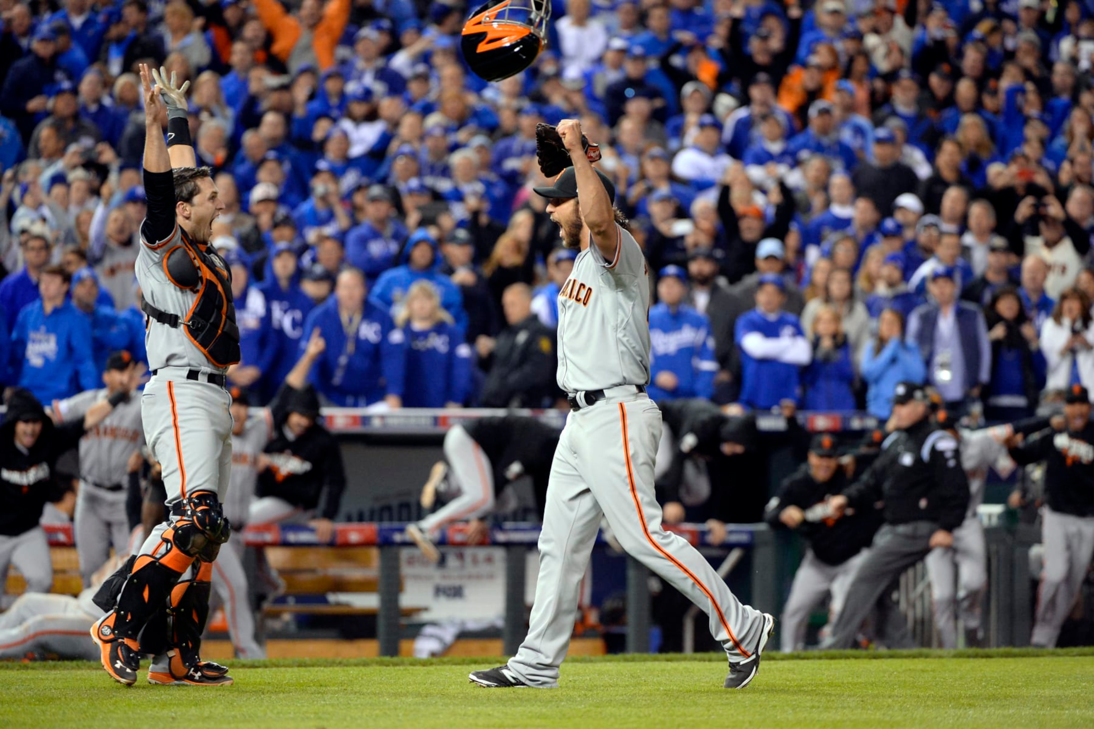 KANSAS CITY, MO - OCTOBER 29: Buster Posey #28 and Madison Bumgarner #40 of the San Francisco Giants celebrate after defeating the Kansas City Royals in Game 7 of the 2014 World Series on Wednesday, October 29, 2014 at Kauffman Stadium in Kansas City, Missouri. (Photo by Ron Vesely/MLB Photos via Getty Images) KANSAS CITY, MO - OCTOBER 29: Buster Posey #28 and Madison Bumgarner #40 of the San Francisco Giants celebrate after defeating the Kansas City Royals in Game 7 of the 2014 World Series on Wednesday, October 29, 2014 at Kauffman Stadium in Kansas City, Missouri. (Photo by Ron Vesely/MLB Photos via Getty Images)