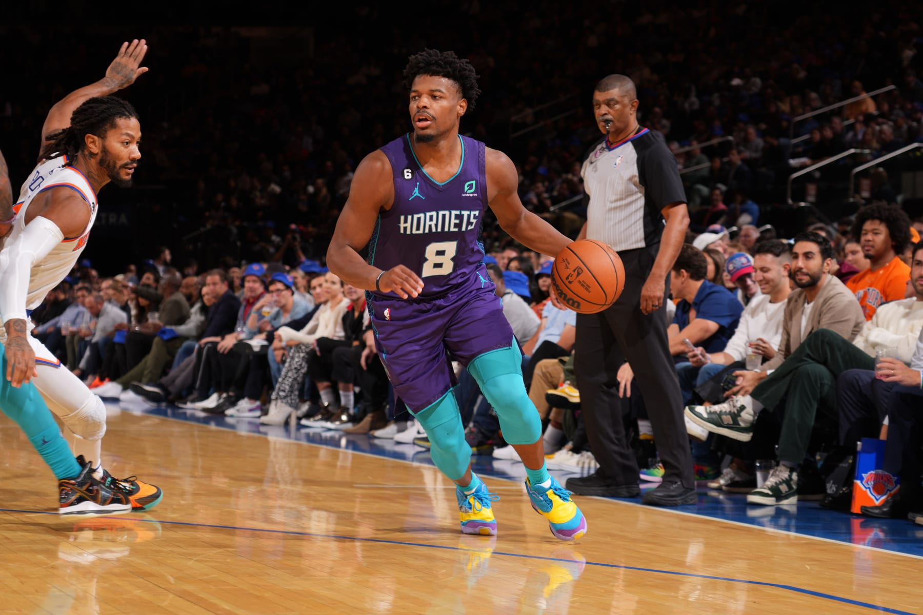 NEW YORK, NY - OCTOBER 26: Dennis Smith Jr. #8 of the Charlotte Hornets dribbles the ball during the game against the New York Knicks on October 26, 2022 at Madison Square Garden in New York City, New York.  NOTE TO USER: User expressly acknowledges and agrees that, by downloading and or using this photograph, User is consenting to the terms and conditions of the Getty Images License Agreement. Mandatory Copyright Notice: Copyright 2022 NBAE  (Photo by Jesse D. Garrabrant/NBAE via Getty Images)