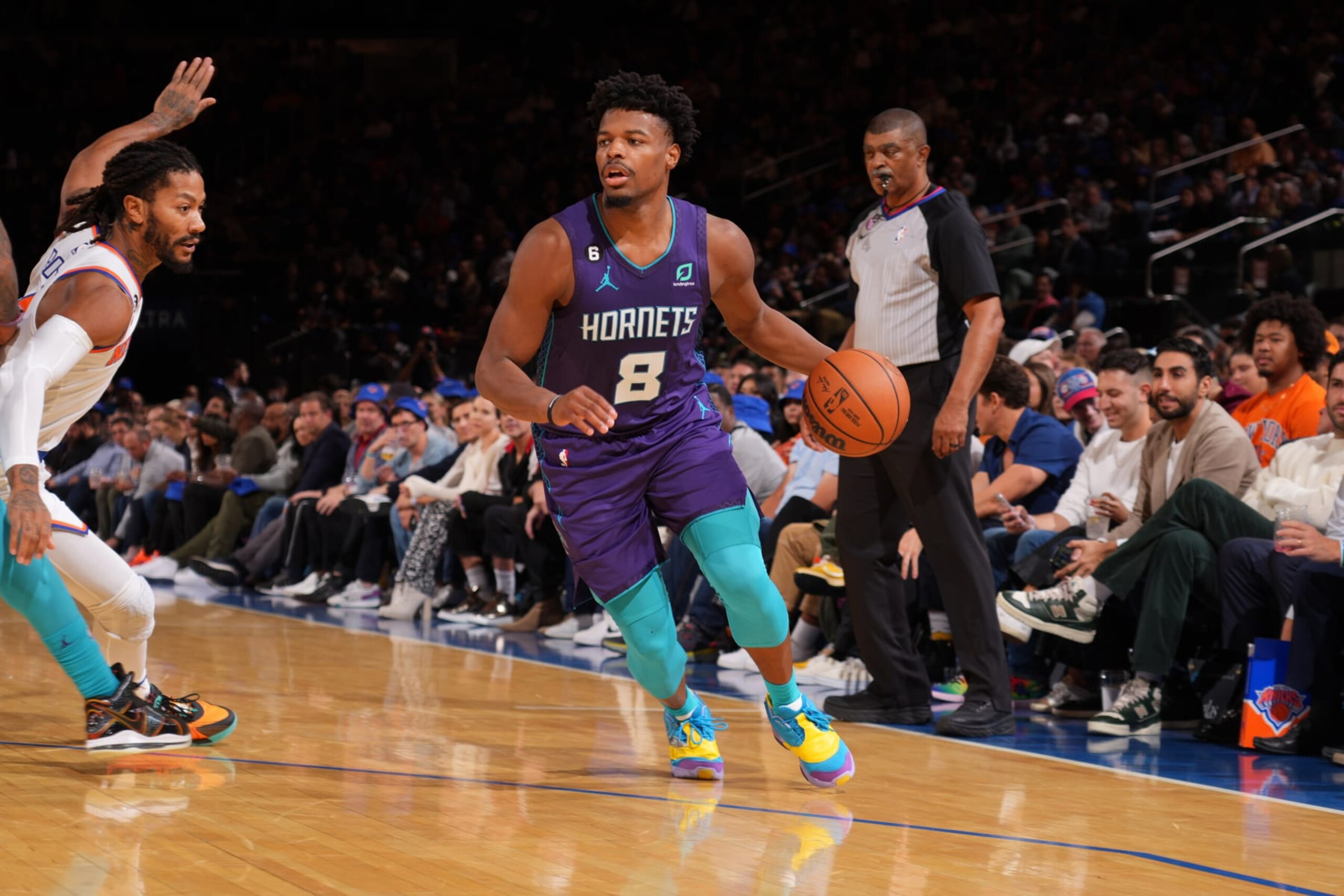 NEW YORK, NY - OCTOBER 26: Dennis Smith Jr. #8 of the Charlotte Hornets dribbles the ball during the game against the New York Knicks on October 26, 2022 at Madison Square Garden in New York City, New York.  NOTE TO USER: User expressly acknowledges and agrees that, by downloading and or using this photograph, User is consenting to the terms and conditions of the Getty Images License Agreement. Mandatory Copyright Notice: Copyright 2022 NBAE  (Photo by Jesse D. Garrabrant/NBAE via Getty Images)