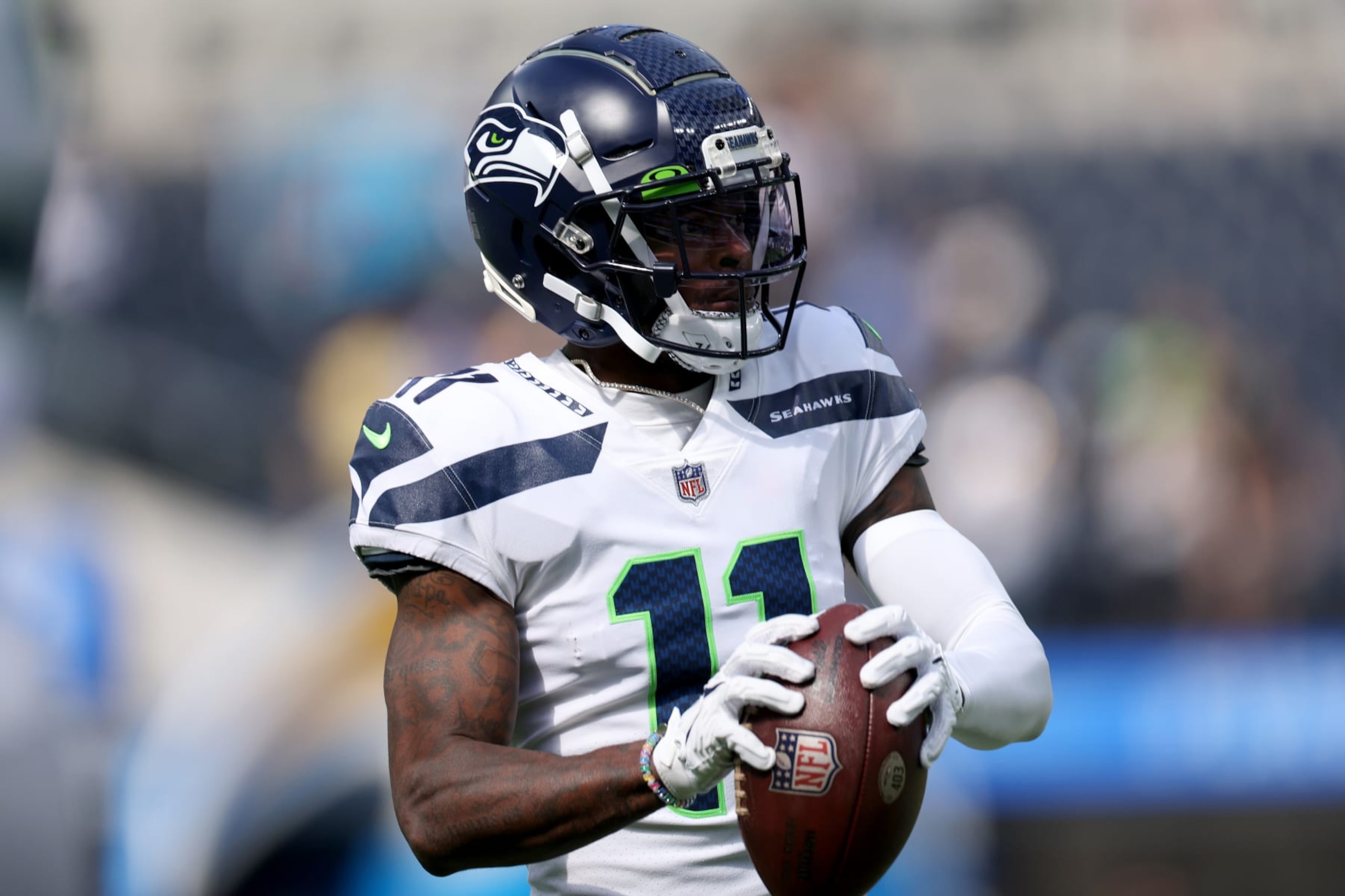 INGLEWOOD, CALIFORNIA - OCTOBER 23: Marquise Goodwin #11 of the Seattle Seahawks during warm up before the game against the Los Angeles Chargers at SoFi Stadium on October 23, 2022 in Inglewood, California. (Photo by Harry How/Getty Images)
