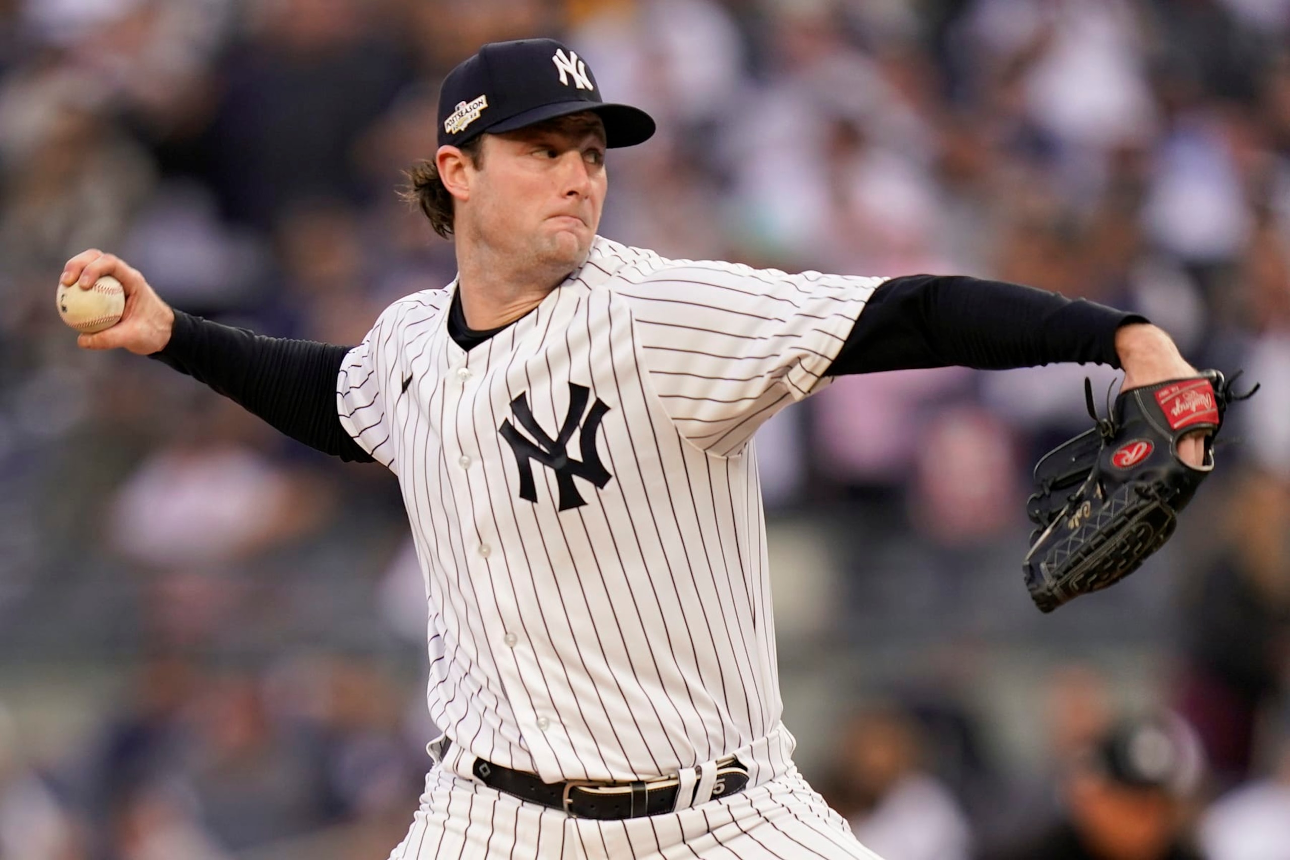 New York Yankees starting pitcher Gerrit Cole delivers against the Houston Astros during the first inning of Game 3 of an American League Championship baseball series, Saturday, Oct. 22, 2022, in New York. (AP Photo/Seth Wenig)