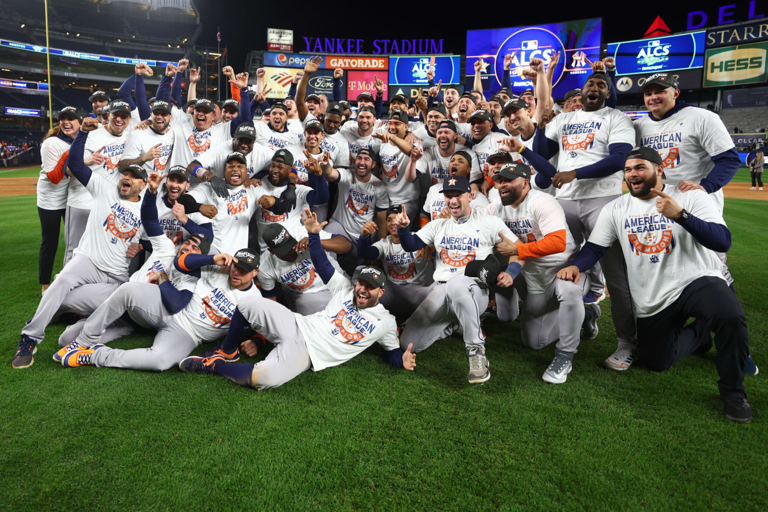 NEW YORK, NEW YORK - OCTOBER 23: The Houston Astros pose for a team photo after defeating the New York Yankees in game four to win the American League Championship Series at Yankee Stadium on October 23, 2022 in the Bronx borough of New York City. (Photo by Elsa/Getty Images)