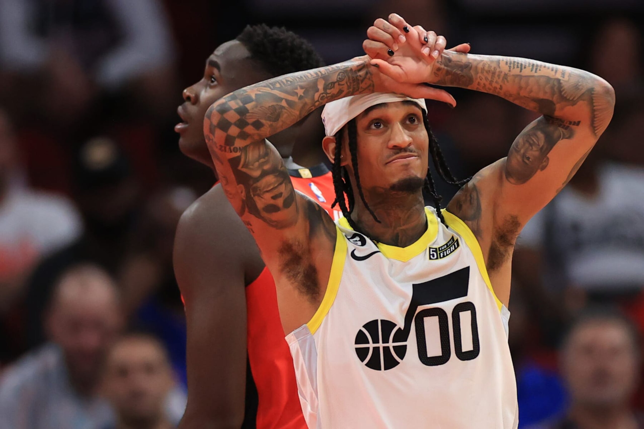 HOUSTON, TEXAS - OCTOBER 24: Jordan Clarkson #00 of the Utah Jazz reacts during the second half against the Houston Rockets at Toyota Center on October 24, 2022 in Houston, Texas. NOTE TO USER: User expressly acknowledges and agrees that, by downloading and or using this photograph, User is consenting to the terms and conditions of the Getty Images License Agreement. (Photo by Carmen Mandato/Getty Images)