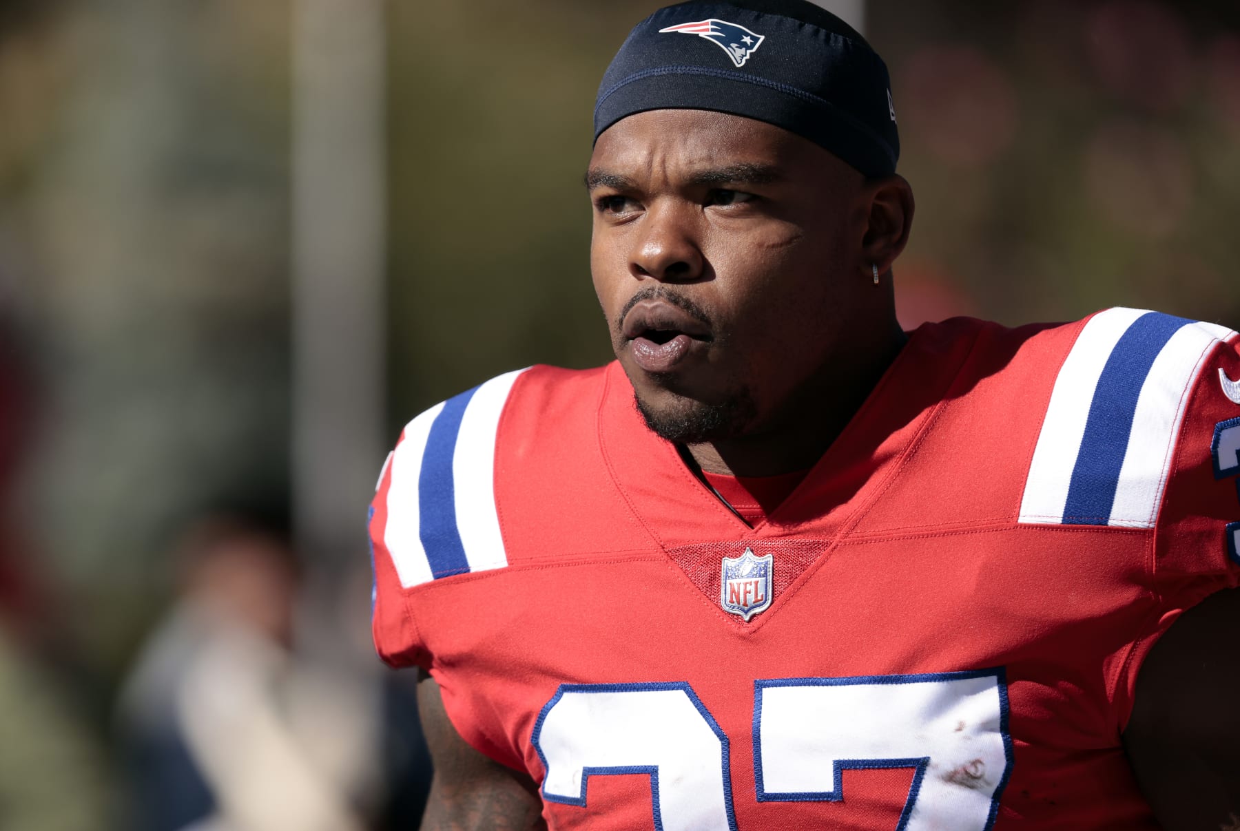 FOXBOROUGH, MASSACHUSETTS - OCTOBER 09: Damien Harris #37 of the New England Patriots reacts during the first half against the Detroit Lions at Gillette Stadium on October 09, 2022 in Foxborough, Massachusetts. (Photo by Nick Grace/Getty Images)