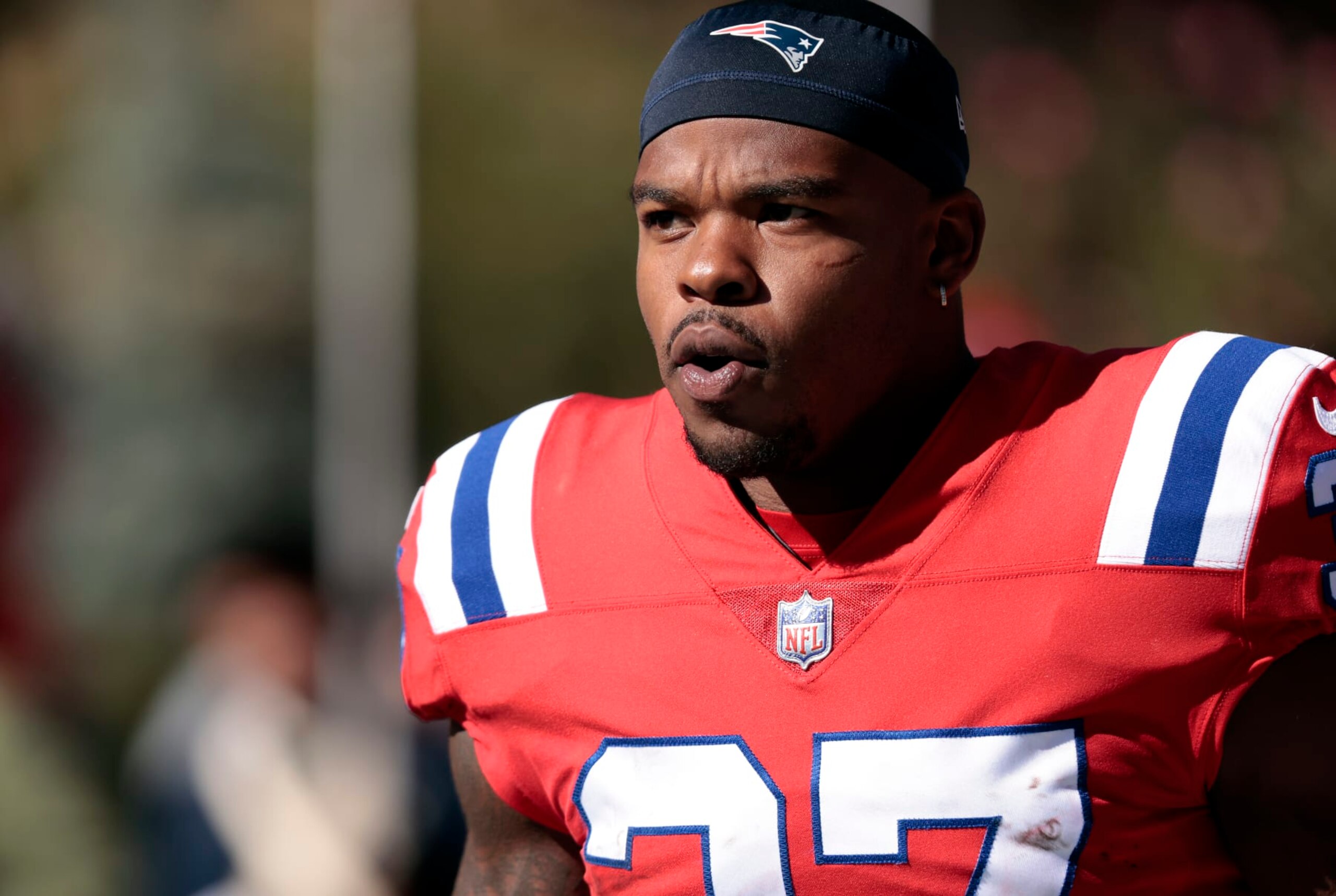 FOXBOROUGH, MASSACHUSETTS - OCTOBER 09: Damien Harris #37 of the New England Patriots reacts during the first half against the Detroit Lions at Gillette Stadium on October 09, 2022 in Foxborough, Massachusetts. (Photo by Nick Grace/Getty Images)