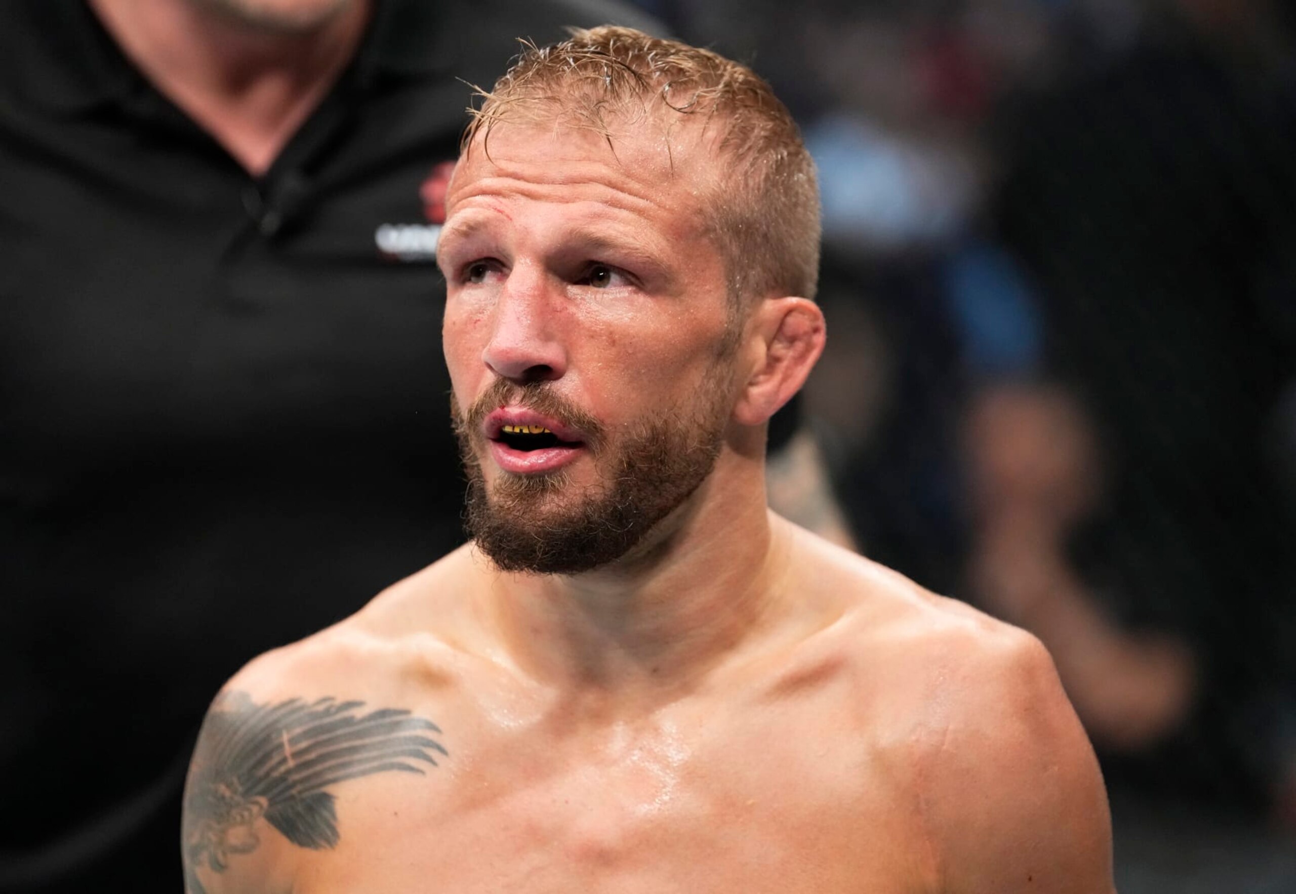 ABU DHABI, UNITED ARAB EMIRATES - OCTOBER 22: TJ Dillashaw returns to his corner after the first round of his UFC bantamweight championship fight against Aljamain Sterling during the UFC 280 event at Etihad Arena on October 22, 2022 in Abu Dhabi, United Arab Emirates. (Photo by Chris Unger/Zuffa LLC)