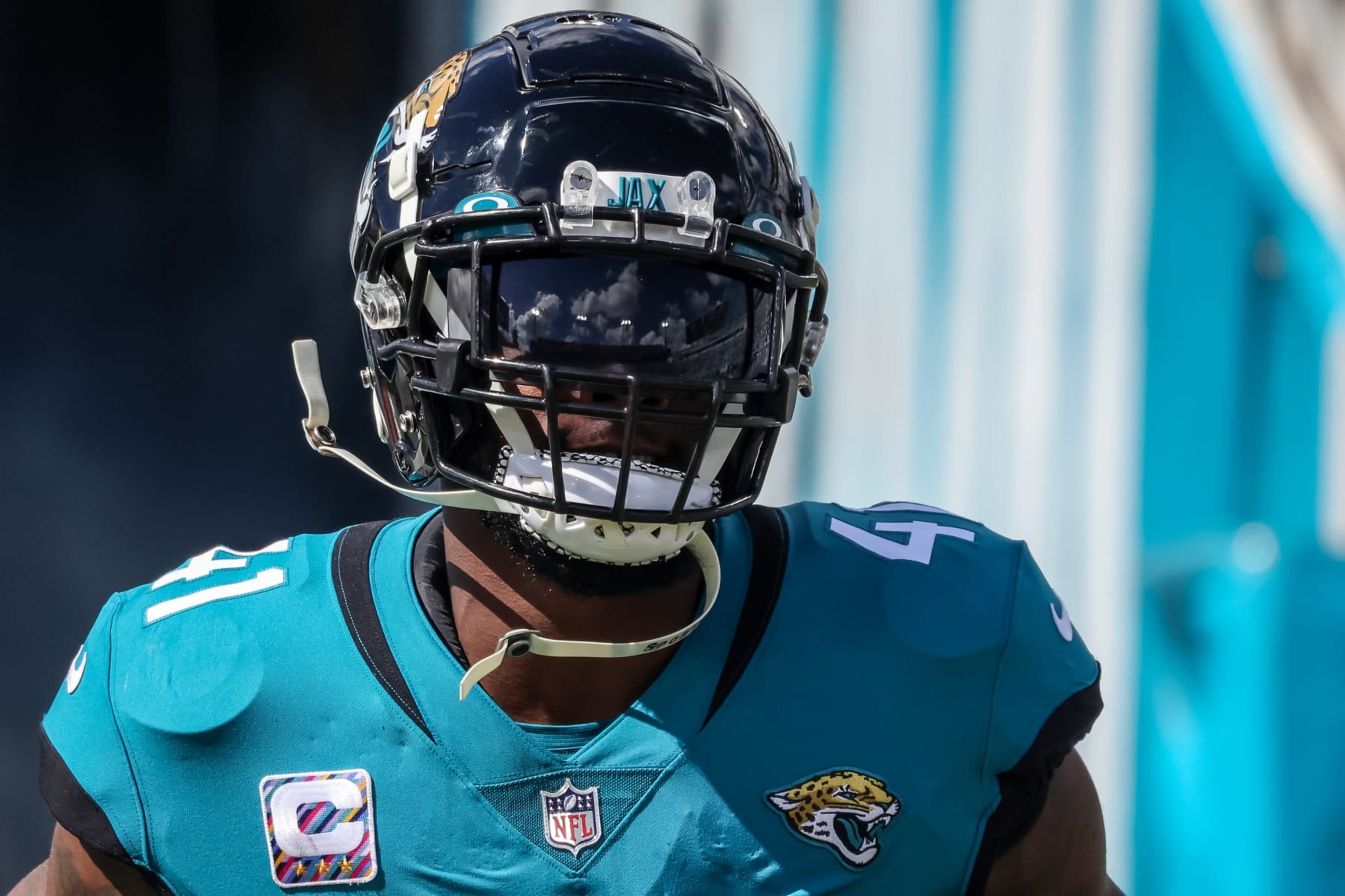 JACKSONVILLE, FLORIDA - OCTOBER 23: Josh Allen #41 of the Jacksonville Jaguars runs out during introductions prior to a game against the New York Giants at TIAA Bank Field on October 23, 2022 in Jacksonville, Florida. (Photo by Mike Carlson/Getty Images)
