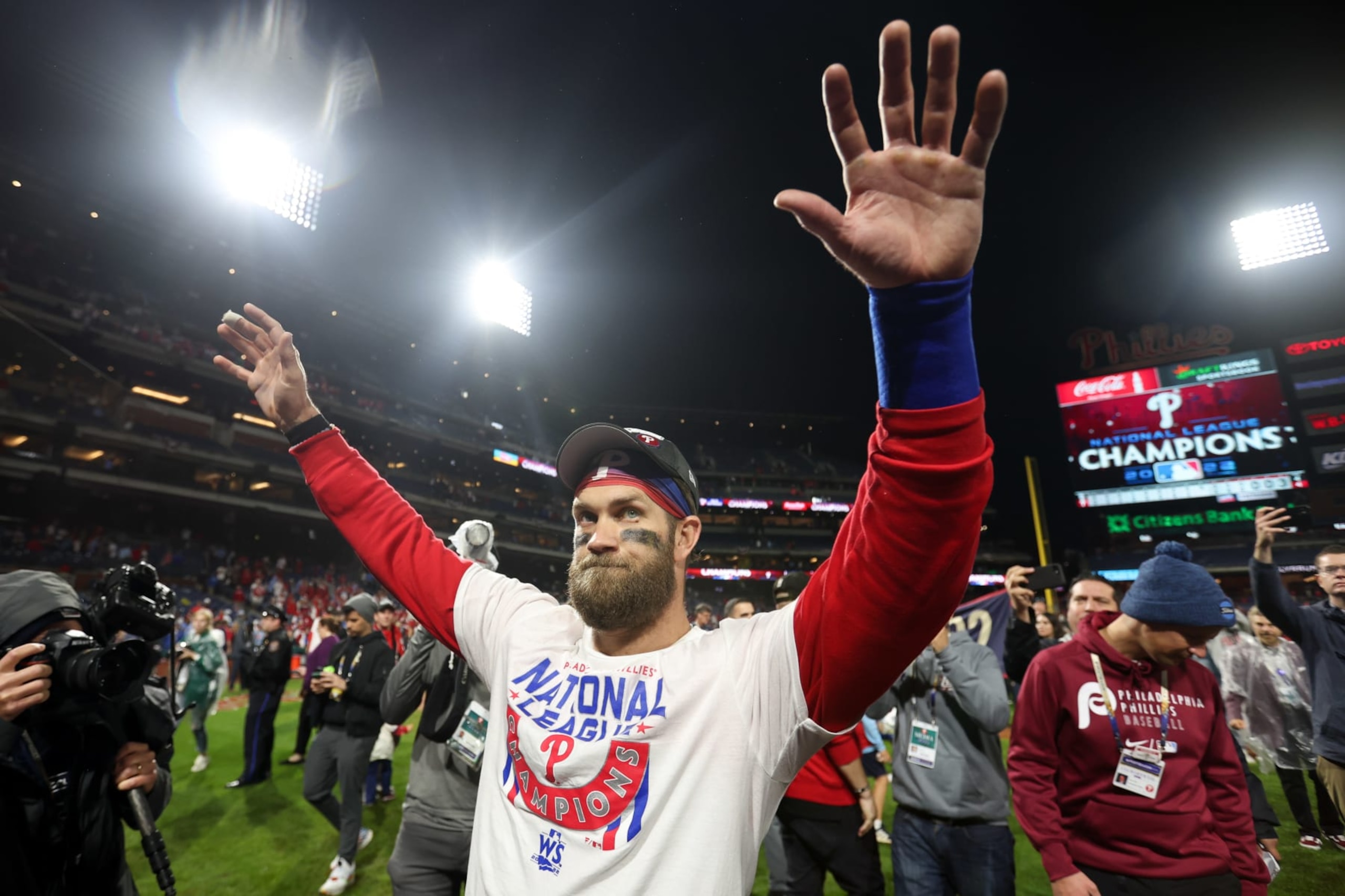 PHILADELPHIA, PA - OCTOBER 23: Bryce Harper #3 of the Philadelphia Phillies celebrates after the Phillies took Game 5 and won the NLCS against the San Diego Padres at Citizens Bank Park on Sunday, October 23, 2022 in Philadelphia, Pennsylvania. (Photo by Rob Tringali/MLB Photos via Getty Images) PHILADELPHIA, PA - OCTOBER 23: Bryce Harper #3 of the Philadelphia Phillies celebrates after the Phillies took Game 5 and won the NLCS against the San Diego Padres at Citizens Bank Park on Sunday, October 23, 2022 in Philadelphia, Pennsylvania. (Photo by Rob Tringali/MLB Photos via Getty Images)