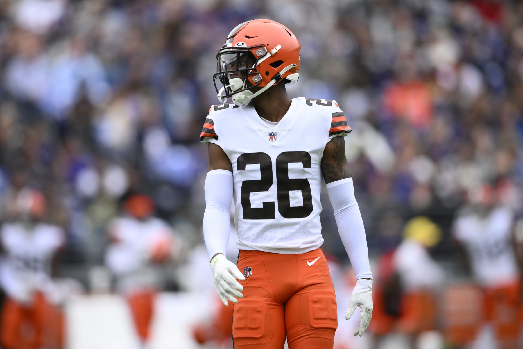 Cleveland Browns cornerback Greedy Williams (26) in action during the first half of an NFL football game against the Baltimore Ravens, Sunday, Oct. 23, 2022, in Baltimore. (AP Photo/Nick Wass)
