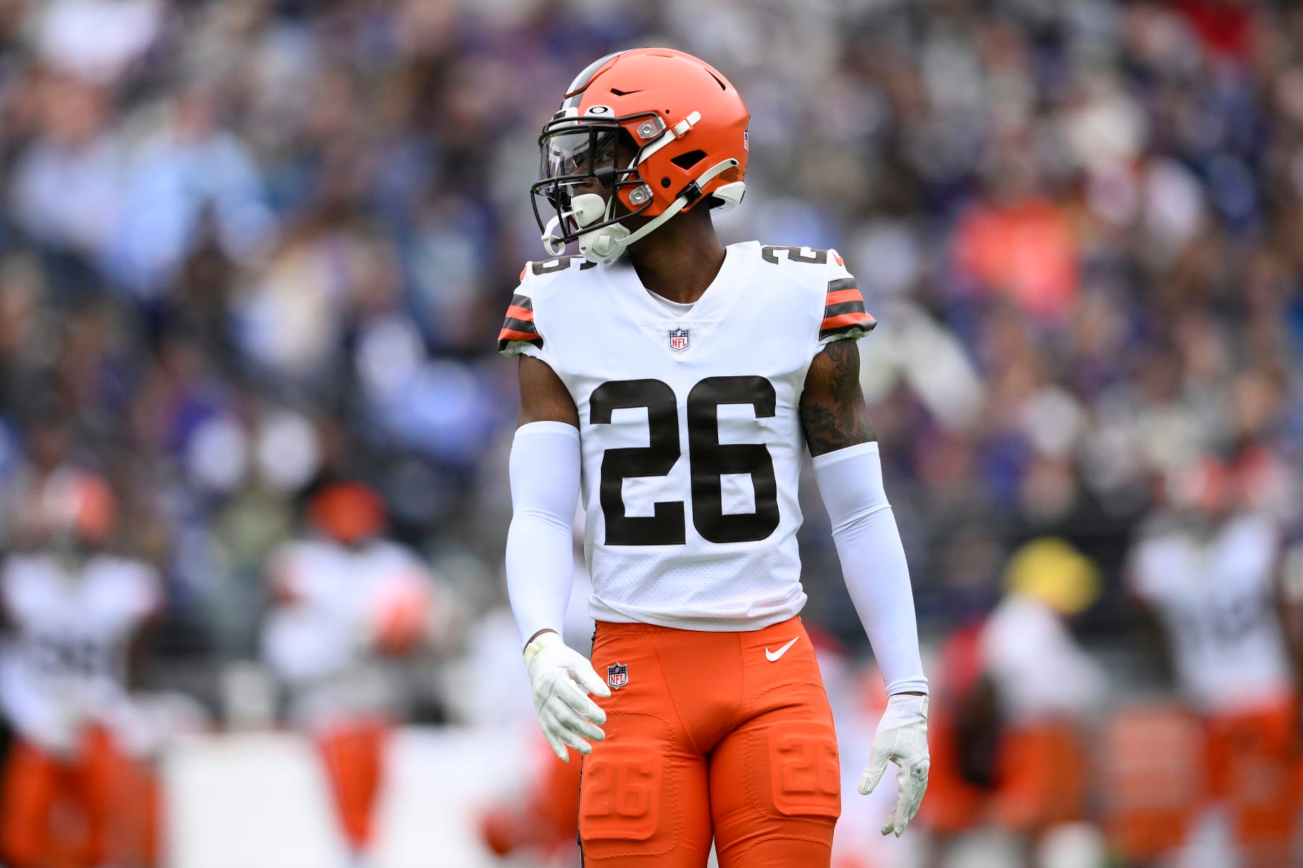 Cleveland Browns cornerback Greedy Williams (26) in action during the first half of an NFL football game against the Baltimore Ravens, Sunday, Oct. 23, 2022, in Baltimore. (AP Photo/Nick Wass)
