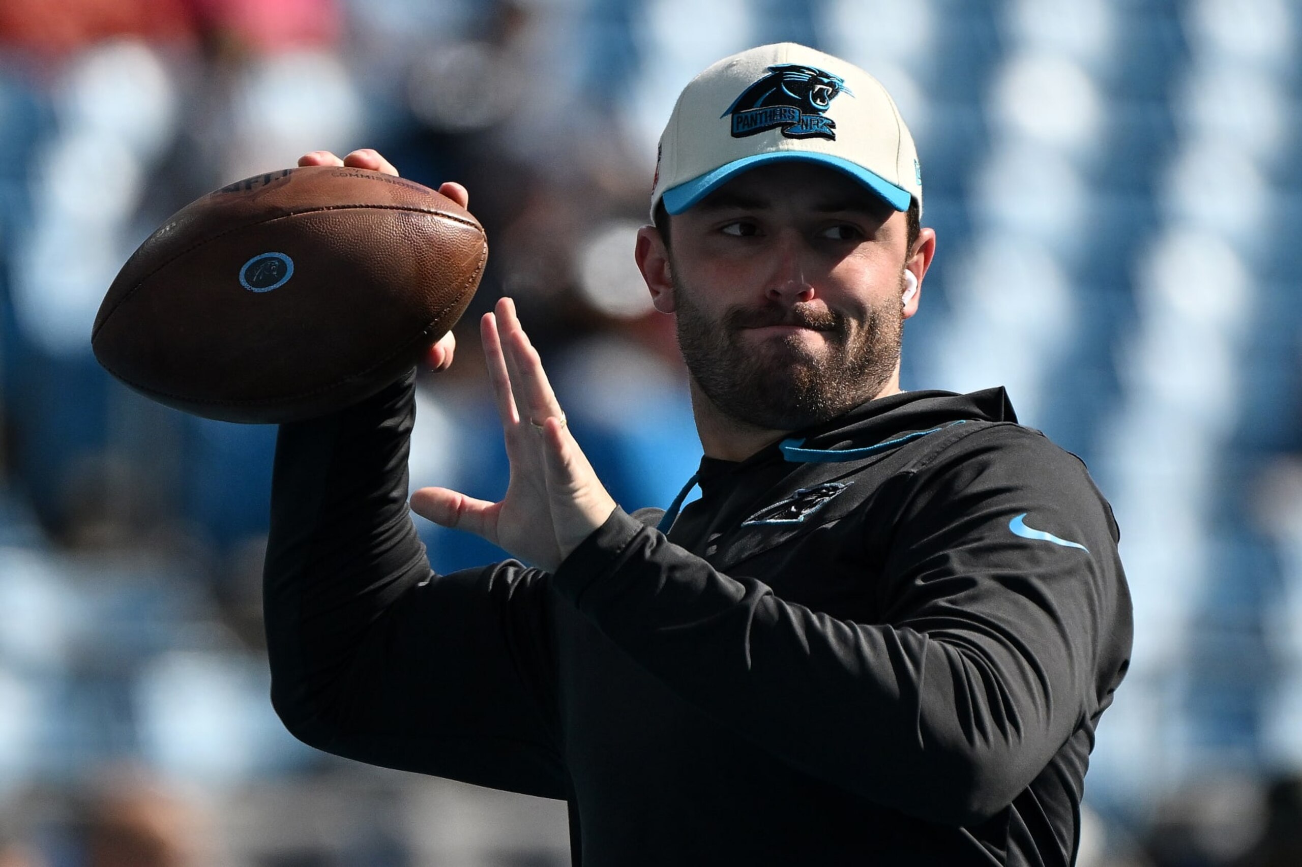 CHARLOTTE, NORTH CAROLINA - OCTOBER 23: Baker Mayfield #6 of the Carolina Panthers warms up prior to their game against the  Tampa Bay Buccaneers at Bank of America Stadium on October 23, 2022 in Charlotte, North Carolina. (Photo by Grant Halverson/Getty Images)