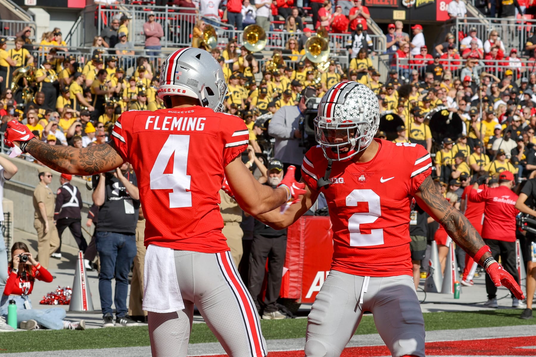 Julian Fleming (left) and Emeka Egbuka celebrate a score. (Frank Jansky/Icon Sportswire via Getty Images)