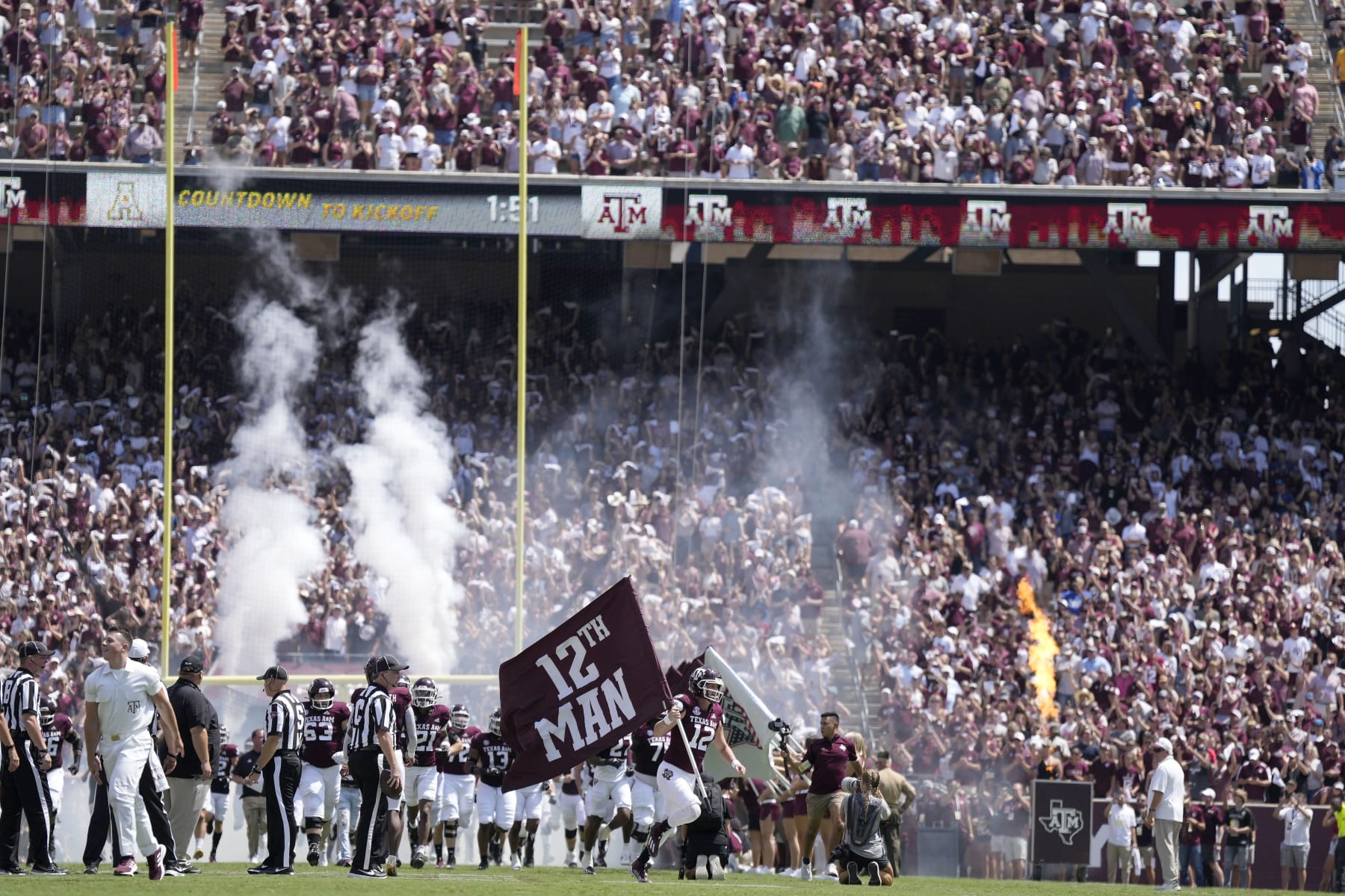 Texas A&M safety Connor Choate (12) leads the Aggies on to Kyle Field before the stat of an NCAA college football game against Appalachian State on Saturday, Sept. 10, 2022, in College Station, Texas. (AP Photo/Sam Craft)