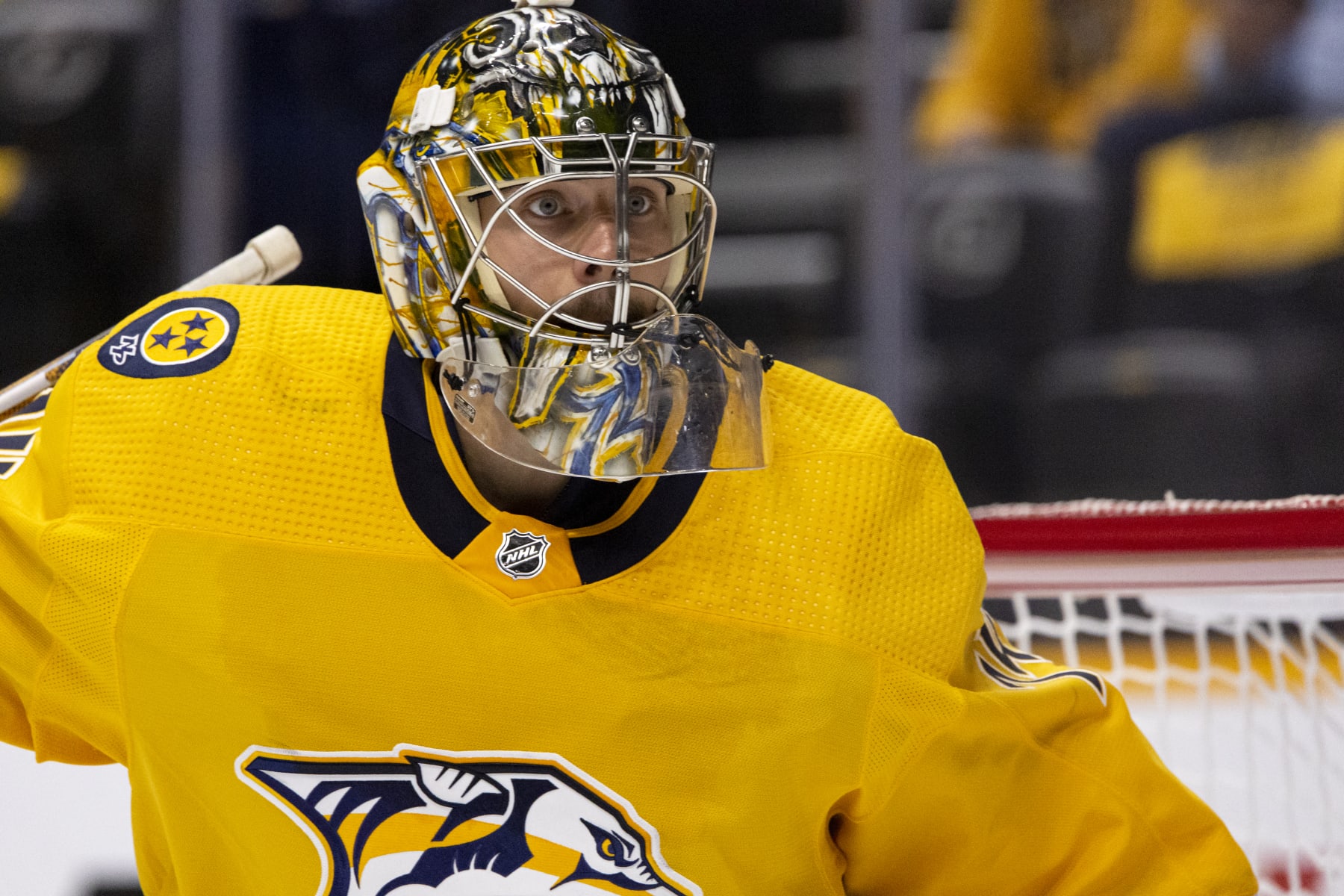 NASHVILLE, TN - OCTOBER 18:  Juuse Saros #74 of the Nashville Predators follows the puck against the Los Angeles Kings during the second period at Bridgestone Arena on October 18, 2022 in Nashville, Tennessee. (Photo by Brett Carlsen/Getty Images)
