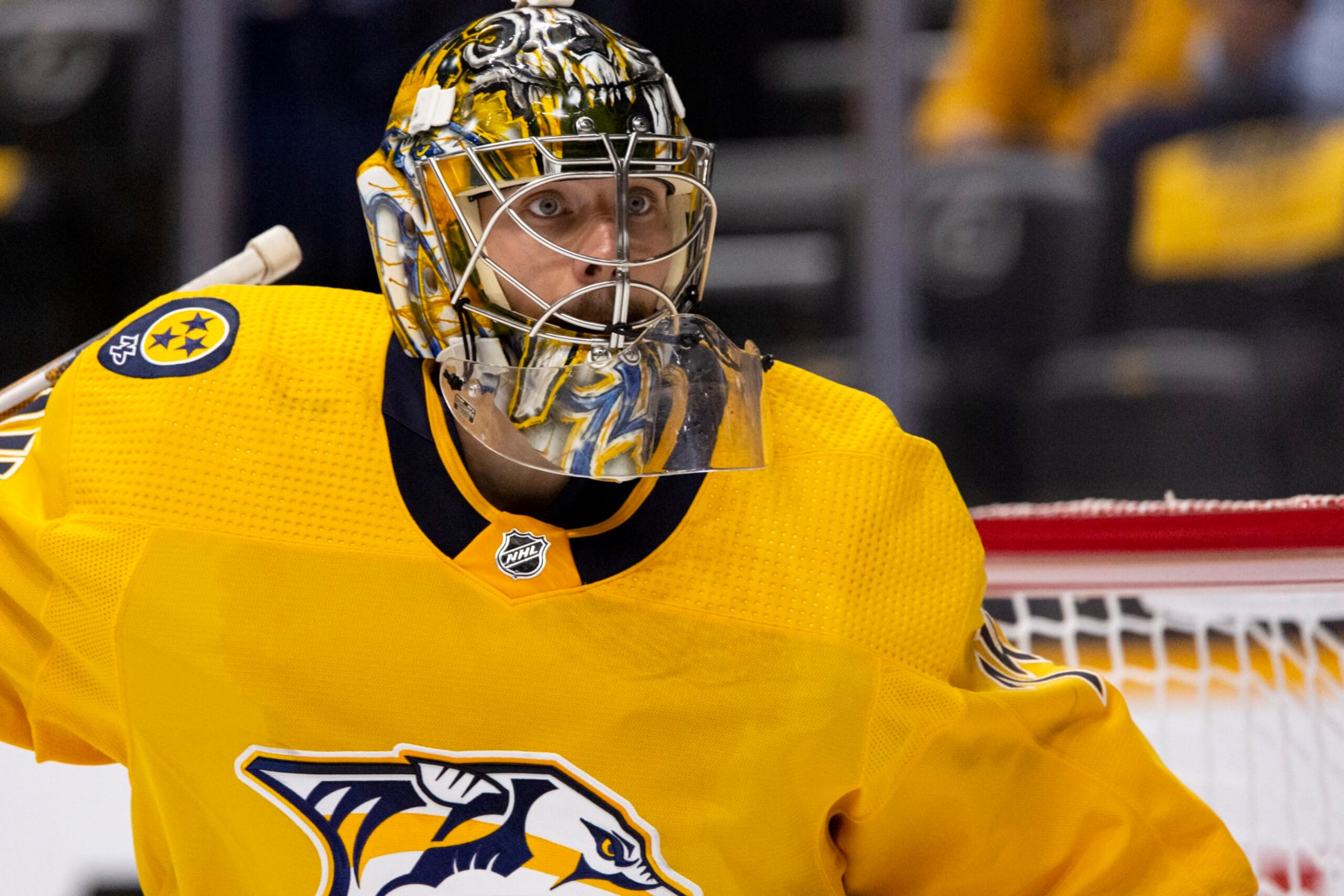 NASHVILLE, TN - OCTOBER 18: Juuse Saros #74 of the Nashville Predators follows the puck against the Los Angeles Kings during the second period at Bridgestone Arena on October 18, 2022 in Nashville, Tennessee. (Photo by Brett Carlsen/Getty Images) NASHVILLE, TN - OCTOBER 18: Juuse Saros #74 of the Nashville Predators follows the puck against the Los Angeles Kings during the second period at Bridgestone Arena on October 18, 2022 in Nashville, Tennessee. (Photo by Brett Carlsen/Getty Images)