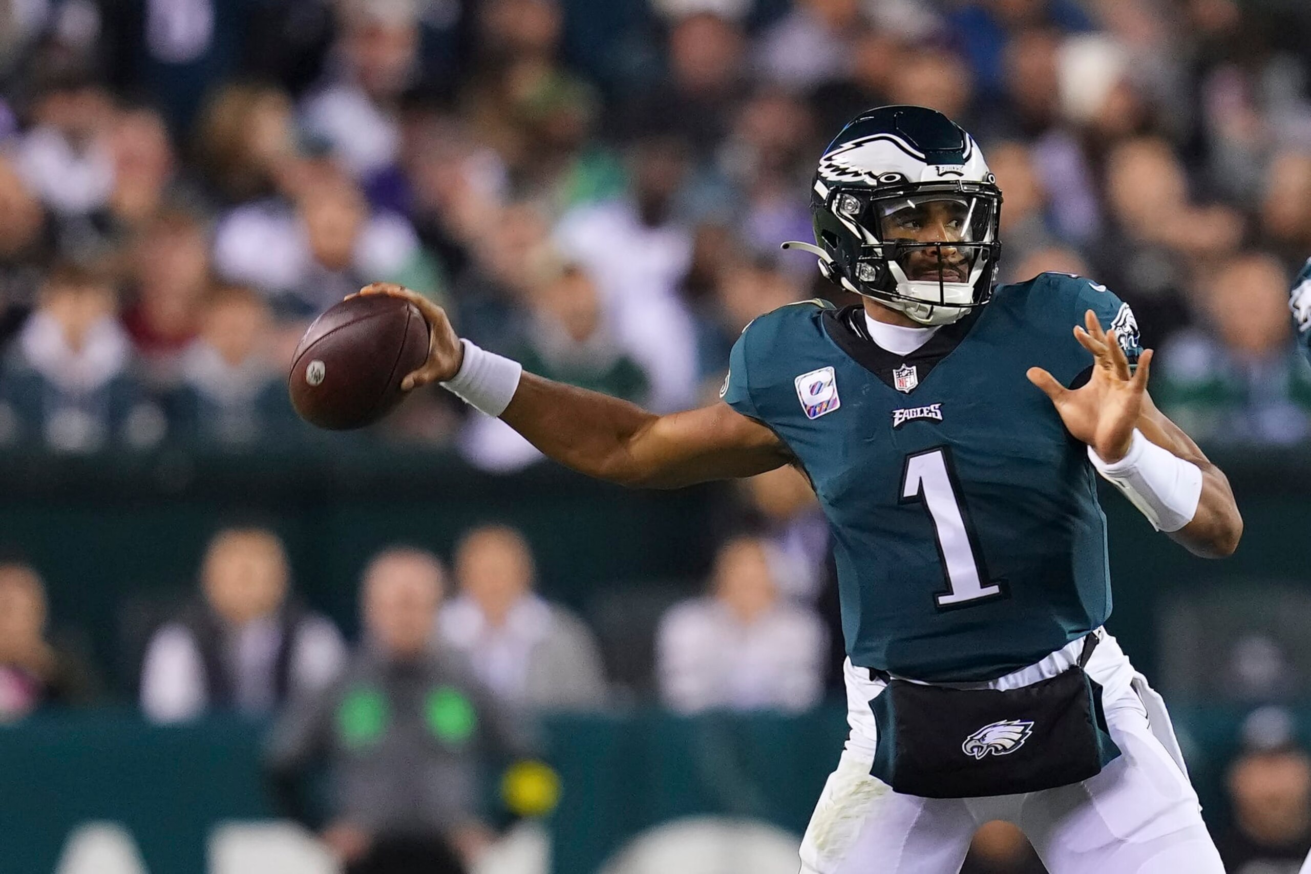 PHILADELPHIA, PA - OCTOBER 16: Jalen Hurts #1 of the Philadelphia Eagles passes the ball against the Dallas Cowboys at Lincoln Financial Field on October 16, 2022 in Philadelphia, Pennsylvania. (Photo by Mitchell Leff/Getty Images)