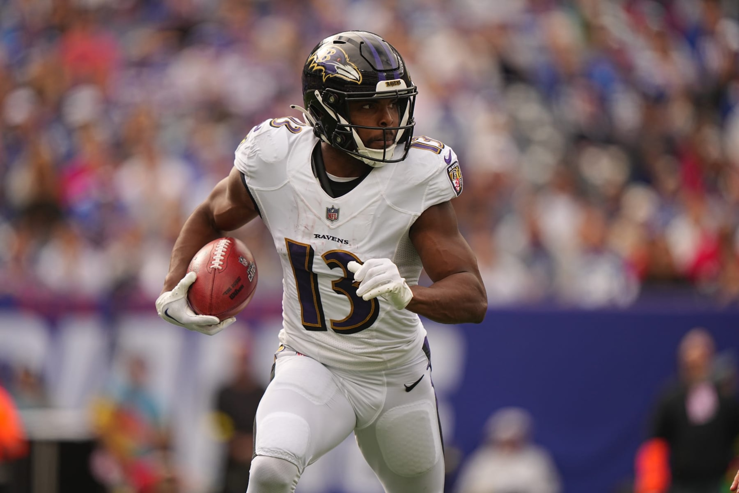 Football: Baltimore Ravens Devin Duvernay (13) in action, runs with the football vs. New York Giants at Met Life Stadium.
East Rutherford, NJ 10/16/2022
CREDIT: Erick W. Rasco (Photo by Erick W. Rasco/Sports Illustrated via Getty Images)
(Set Number: x164204 TK1)