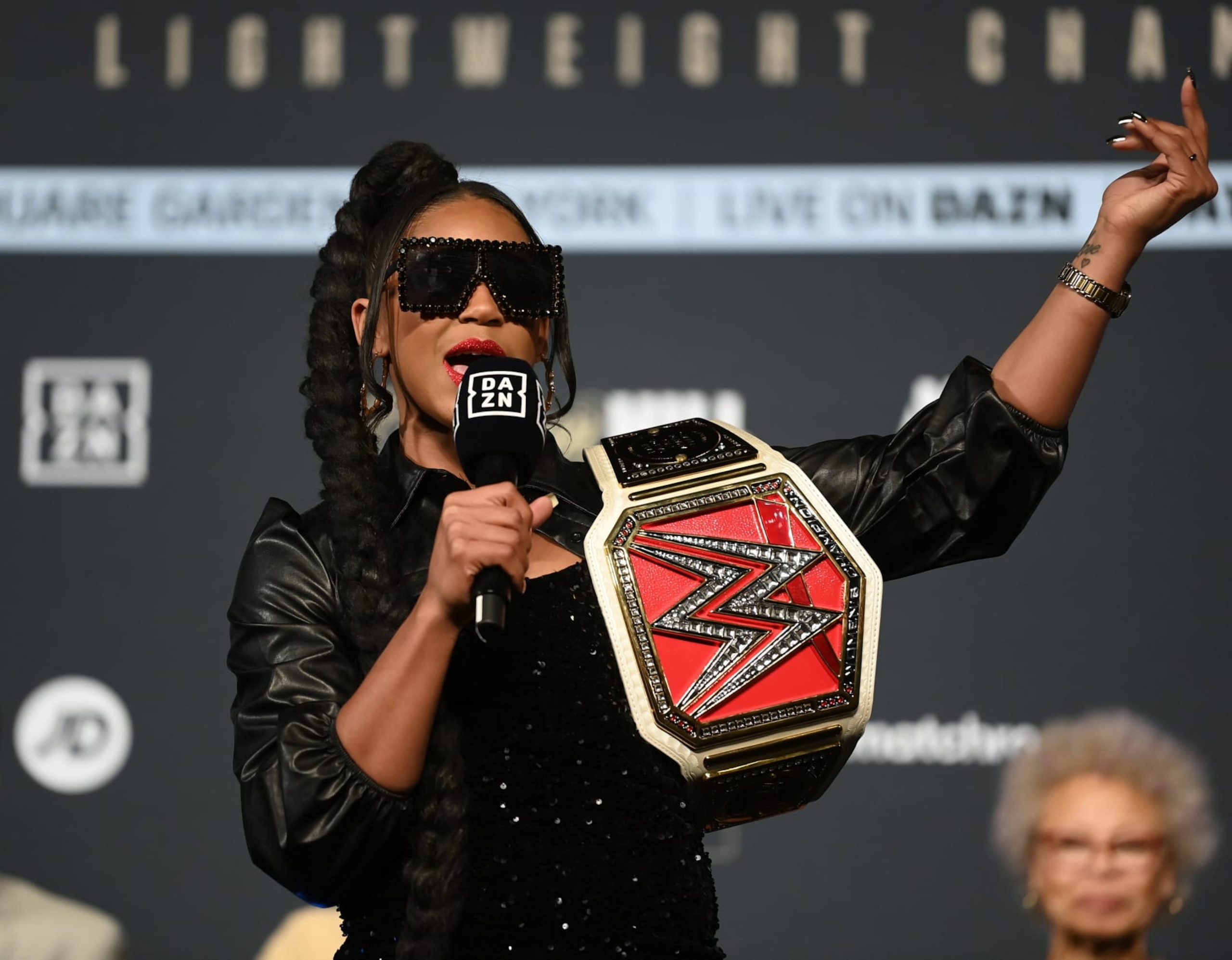 New York , United States - 29 April 2022; WWE wrestler Bianca Belair during the weigh-ins, held at Hulu Theatre at Madison Square Garden, ahead of the undisputed lightweight championship fight between Katie Taylor and Amanda Serrano, on Saturday night at Madison Square Garden in New York, USA. (Photo By Stephen McCarthy/Sportsfile via Getty Images)