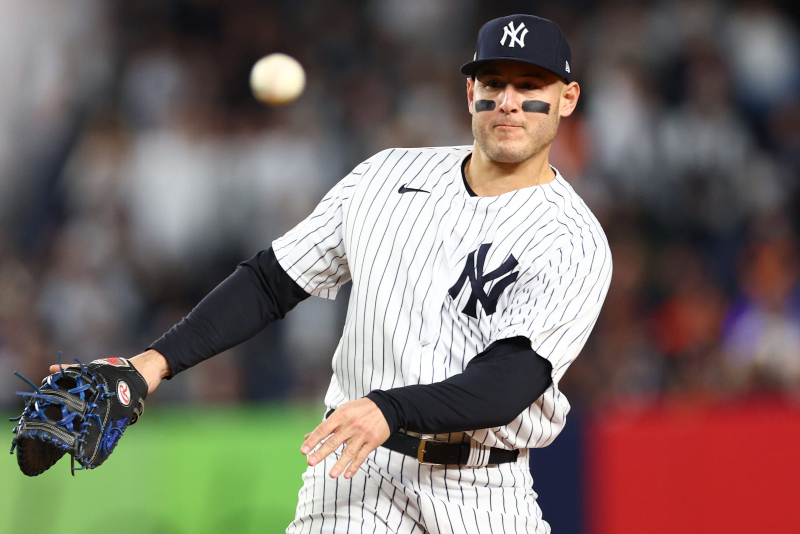 NEW YORK, NEW YORK - OCTOBER 23: Anthony Rizzo #48 of the New York Yankees fields a hit by Jose Altuve #27 of the Houston Astros during the seventh inning in game four of the American League Championship Series at Yankee Stadium on October 23, 2022 in the Bronx borough of New York City. (Photo by Elsa/Getty Images)
