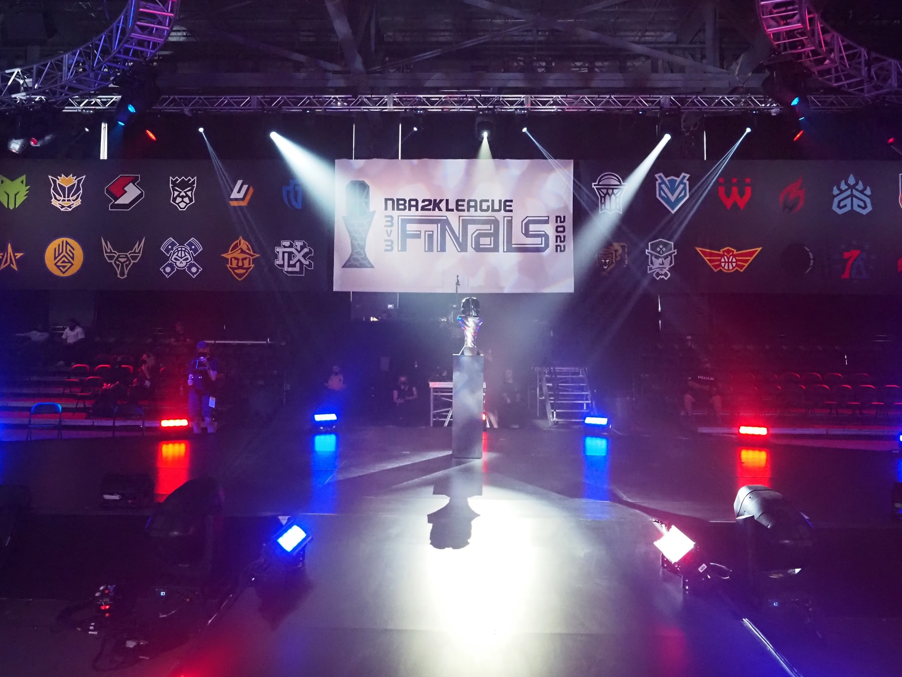 INDIANAPOLIS, IN - AUGUST 20: An overall view of the NBA 2K stage and the 2022 NBA 2K League 3v3 Championship Trophy on August 20, 2022 at Pan Am Plaza in Indianapolis, Indiana. NOTE TO USER: User expressly acknowledges and agrees that, by downloading and or using this Photograph, user is consenting to the terms and conditions of the Getty Images License Agreement. Mandatory Copyright Notice: Copyright 2022 NBAE (Photo by Ron Hoskins/NBAE via Getty Images)