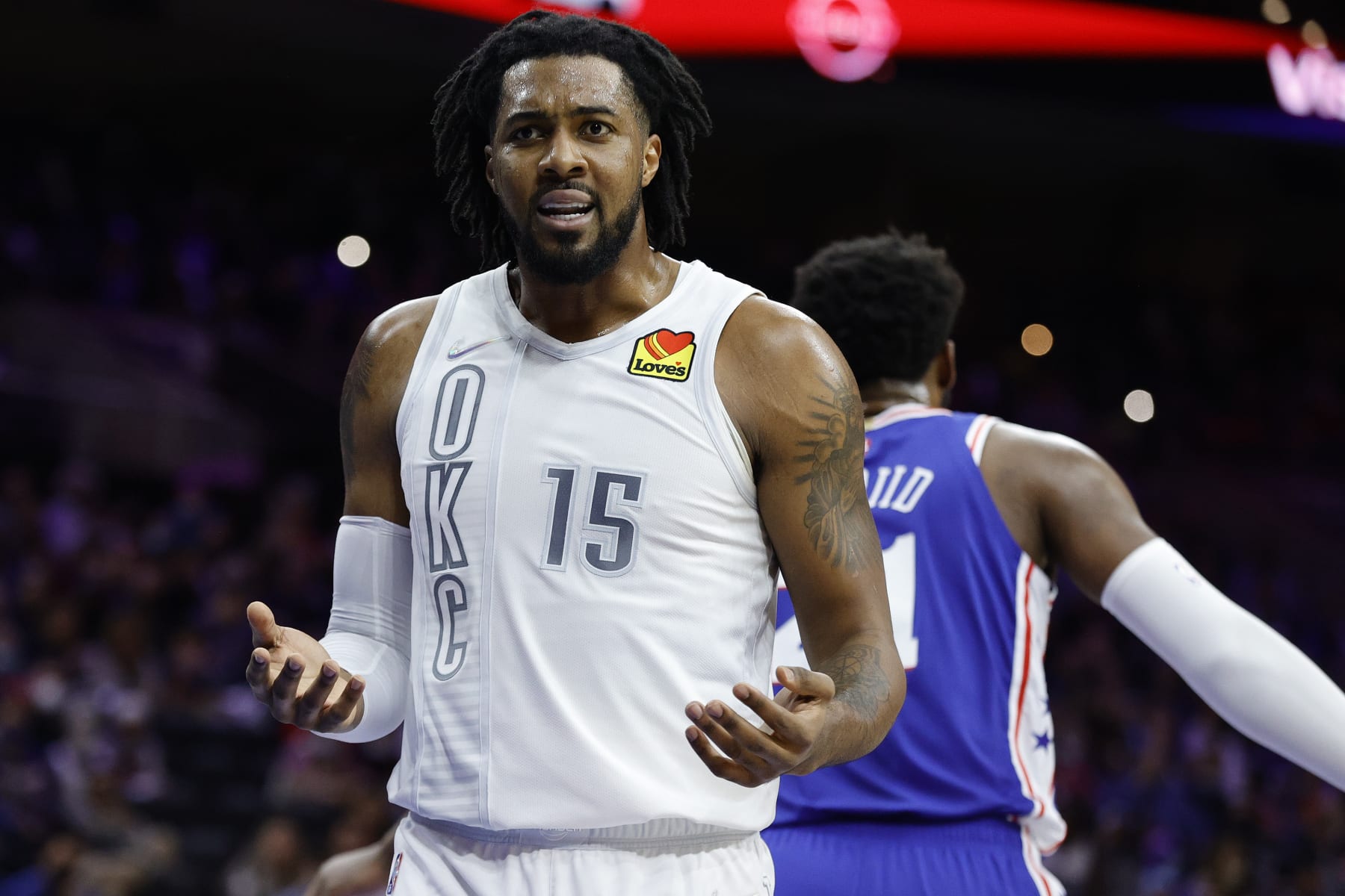 PHILADELPHIA, PENNSYLVANIA - FEBRUARY 11: Derrick Favors #15 of the Oklahoma City Thunder reacts during the first quarter against the Philadelphia 76ers at Wells Fargo Center on February 11, 2022 in Philadelphia, Pennsylvania. NOTE TO USER: User expressly acknowledges and agrees that, by downloading and or using this photograph, User is consenting to the terms and conditions of the Getty Images License Agreement. (Photo by Tim Nwachukwu/Getty Images)