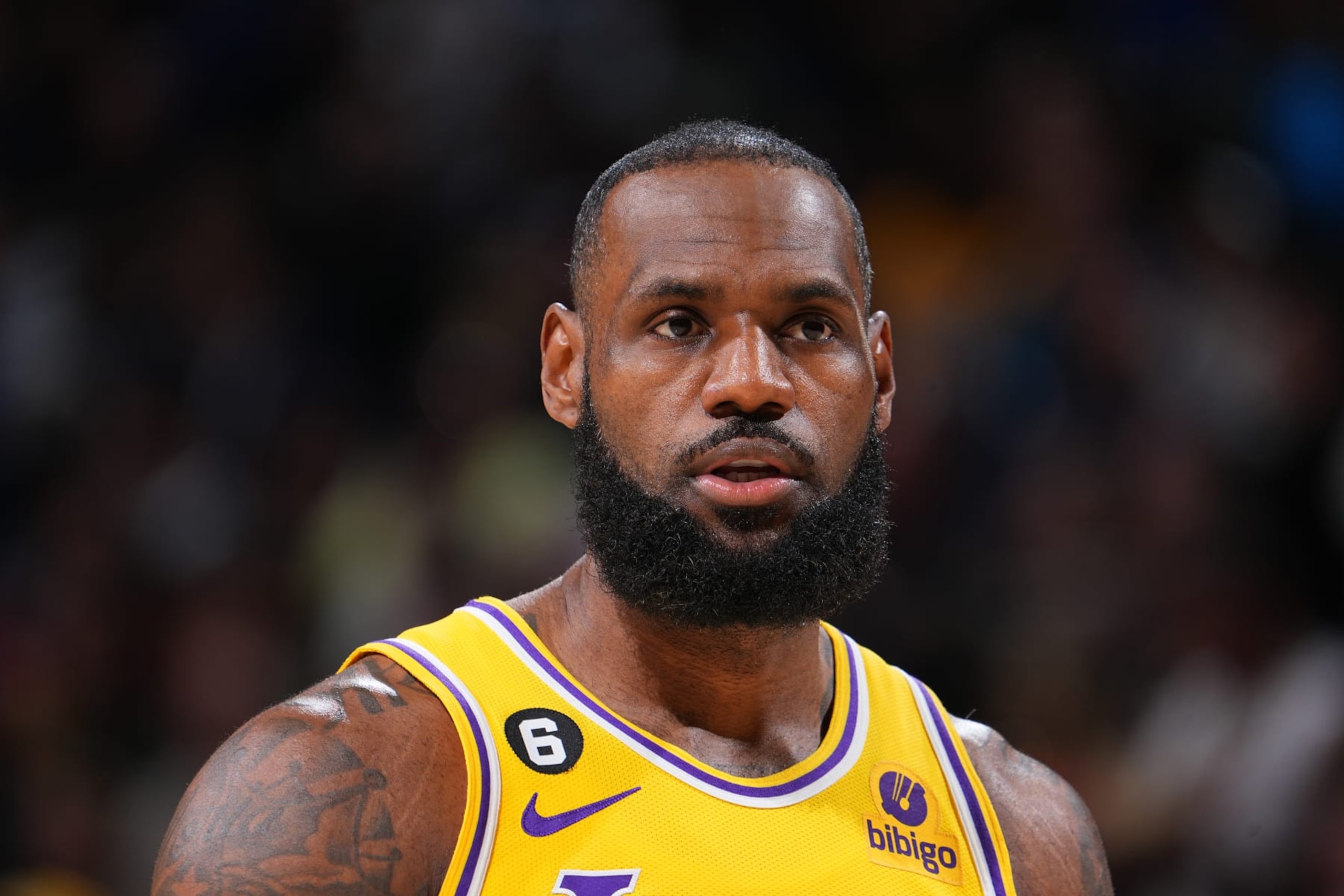 DENVER, CO - OCTOBER 26: LeBron James #6 of the Los Angeles Lakers looks on during the game against the Denver Nuggets on October 26, 2022 at the Ball Arena in Denver, Colorado. NOTE TO USER: User expressly acknowledges and agrees that, by downloading and/or using this Photograph, user is consenting to the terms and conditions of the Getty Images License Agreement. Mandatory Copyright Notice: Copyright 2022 NBAE (Photo by Bart Young/NBAE via Getty Images)