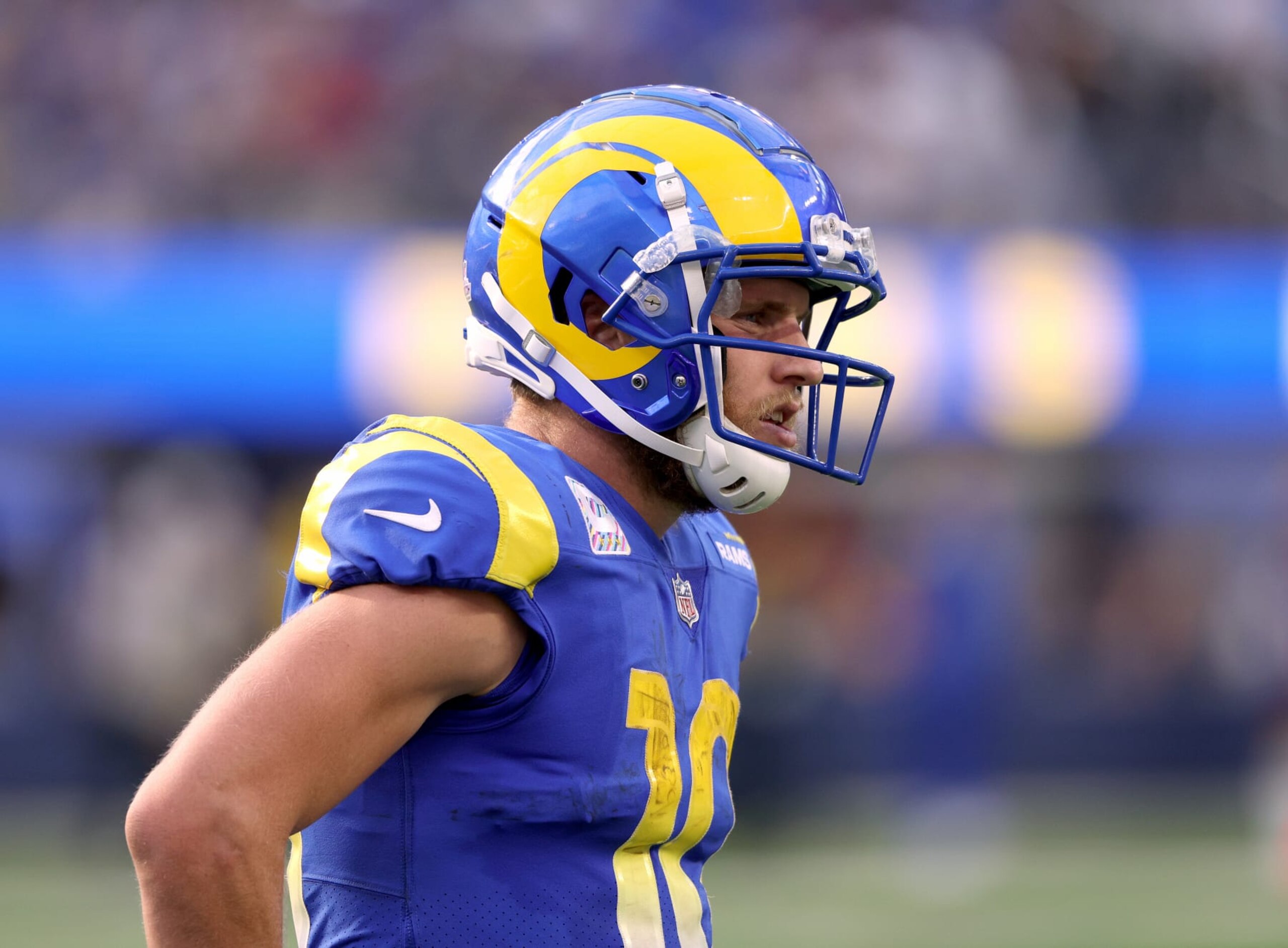INGLEWOOD, CALIFORNIA - OCTOBER 16: Cooper Kupp #10 of the Los Angeles Rams during a 24-10 win over the Carolina Panthers at SoFi Stadium on October 16, 2022 in Inglewood, California. (Photo by Harry How/Getty Images)