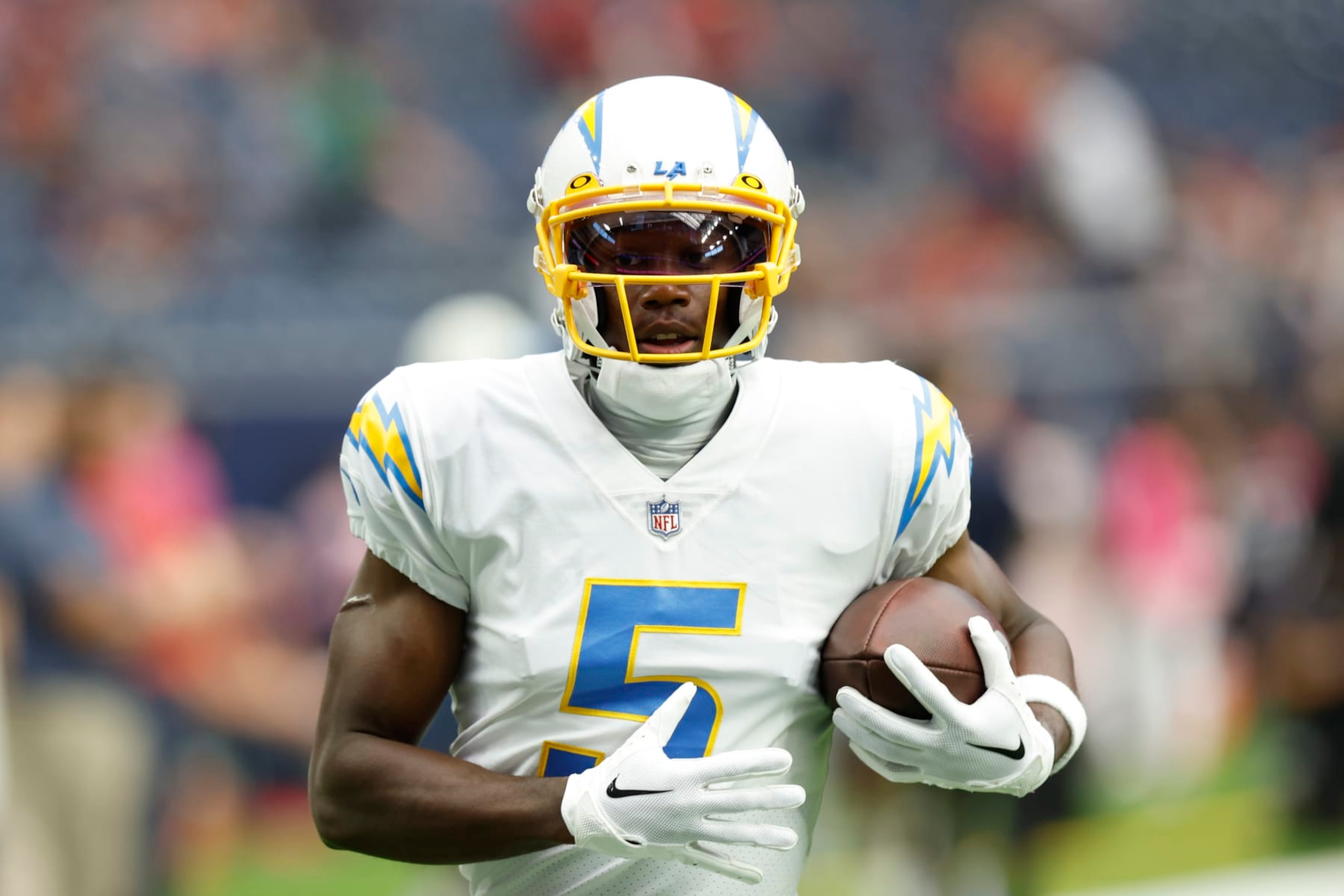 Los Angeles Chargers wide receivers Joshua Palmer (5) during pregame warmups before an NFL football game against the Houston Texans on Sunday, October 2, 2022, in Houston. (AP Photo/Matt Patterson)