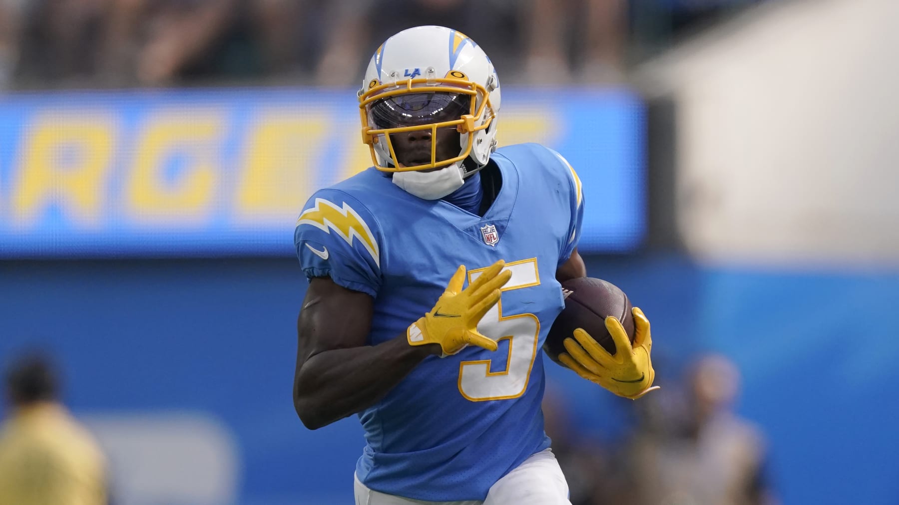 Los Angeles Chargers wide receiver Joshua Palmer (5) during an NFL football game against the Jacksonville Jaguars in Inglewood, Calif., Sunday, Sept. 25, 2022. (AP Photo/Mark J. Terrill)