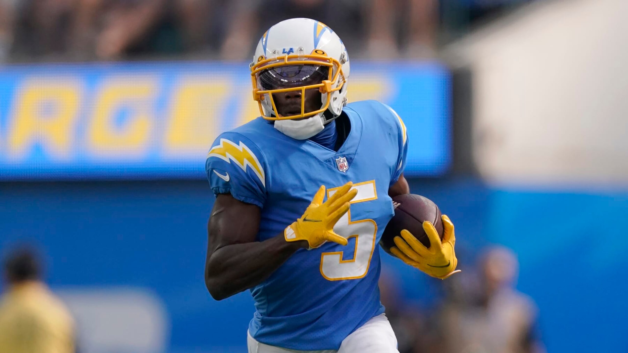 Los Angeles Chargers wide receiver Joshua Palmer (5) during an NFL football game against the Jacksonville Jaguars in Inglewood, Calif., Sunday, Sept. 25, 2022. (AP Photo/Mark J. Terrill)