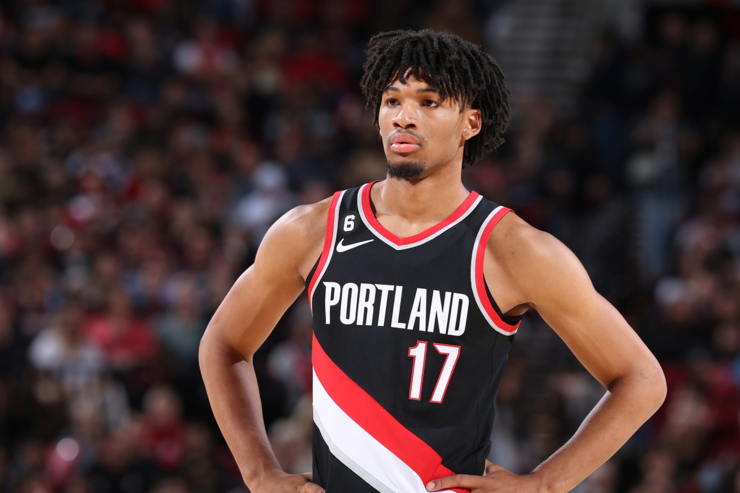 PORTLAND, OR - OCTOBER 26: Shaedon Sharpe #17 of the Portland Trail Blazers looks on during the game against the Miami Heat on October 26, 2022 at the Moda Center Arena in Portland, Oregon. NOTE TO USER: User expressly acknowledges and agrees that, by downloading and or using this photograph, user is consenting to the terms and conditions of the Getty Images License Agreement. Mandatory Copyright Notice: Copyright 2022 NBAE (Photo by Sam Forencich/NBAE via Getty Images) PORTLAND, OR - OCTOBER 26: Shaedon Sharpe #17 of the Portland Trail Blazers looks on during the game against the Miami Heat on October 26, 2022 at the Moda Center Arena in Portland, Oregon. NOTE TO USER: User expressly acknowledges and agrees that, by downloading and or using this photograph, user is consenting to the terms and conditions of the Getty Images License Agreement. Mandatory Copyright Notice: Copyright 2022 NBAE (Photo by Sam Forencich/NBAE via Getty Images)