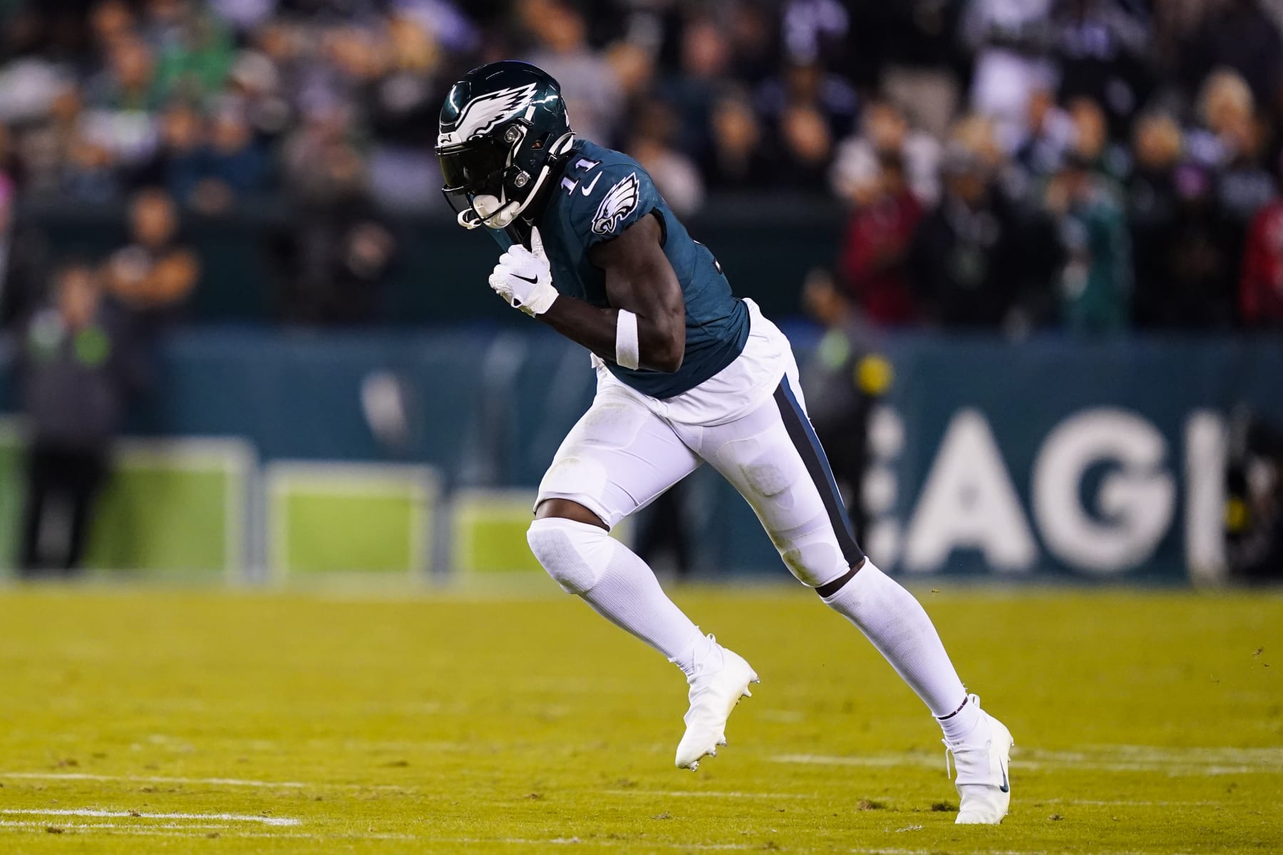 Philadelphia Eagles wide receiver A.J. Brown in action during an NFL football game, Sunday, Oct. 16, 2022, in Philadelphia. (AP Photo/Matt Rourke)