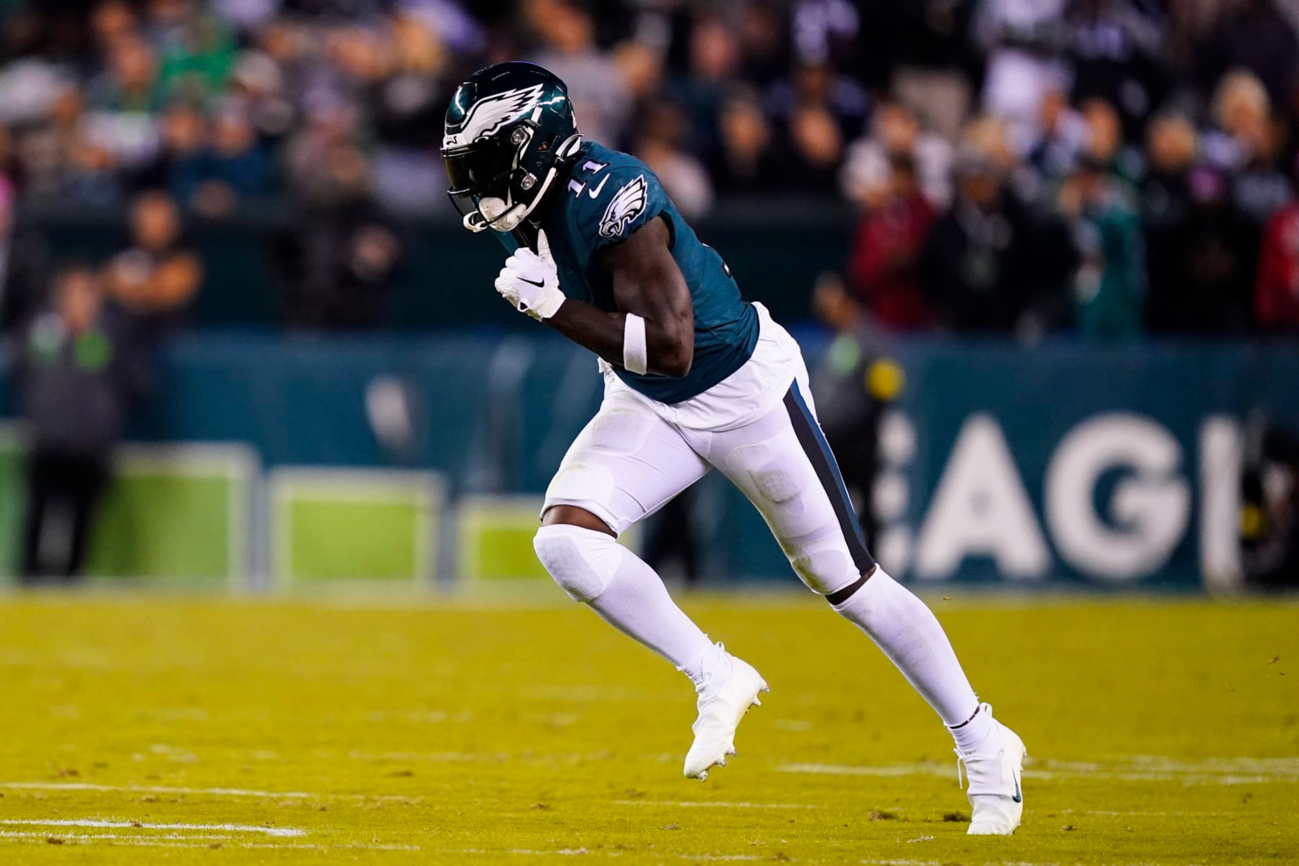 Philadelphia Eagles wide receiver A.J. Brown in action during an NFL football game, Sunday, Oct. 16, 2022, in Philadelphia. (AP Photo/Matt Rourke)