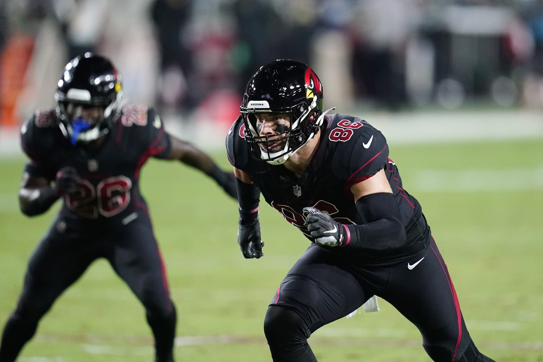Arizona Cardinals tight end Zach Ertz runs a pass route against the New Orleans Saints during the first half of an NFL football game, Thursday, Oct. 20, 2022, in Glendale, Ariz. (AP Photo/Ross D. Franklin)