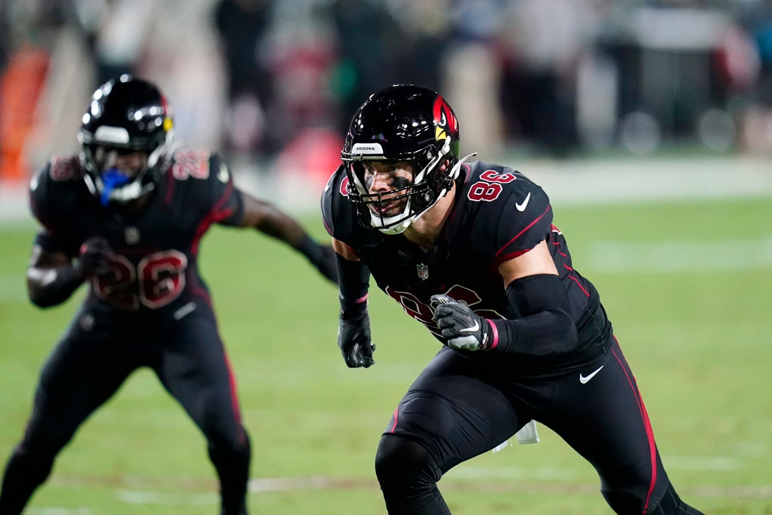 Arizona Cardinals tight end Zach Ertz runs a pass route against the New Orleans Saints during the first half of an NFL football game, Thursday, Oct. 20, 2022, in Glendale, Ariz. (AP Photo/Ross D. Franklin)